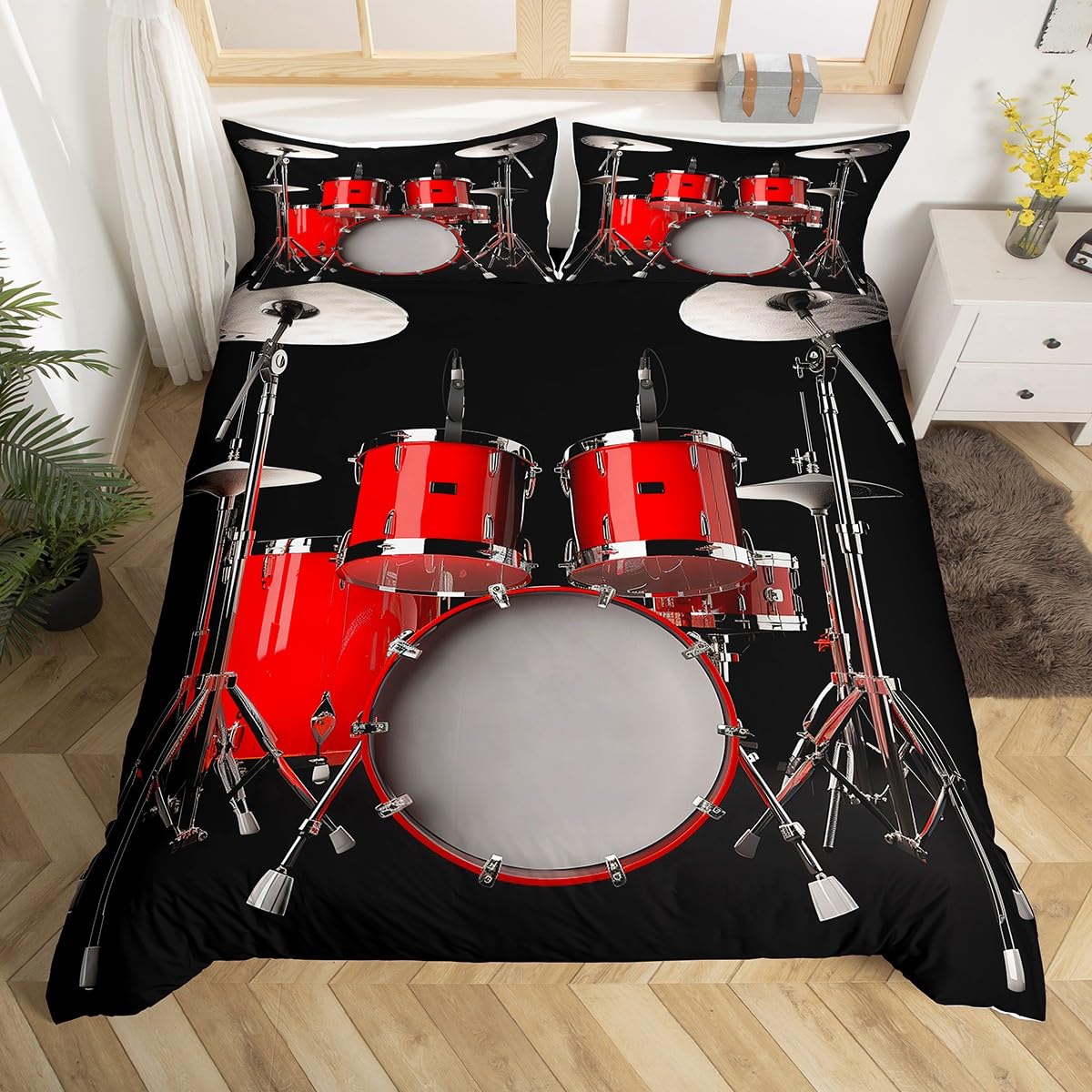 Homewish Drum Set Duvet Cover Single for Kids Boys Girls,Hippie Hip Hop Quilt Cover,Musical Instruments Bedding Set,Rock Music Bed Set with 1 Pillowcase Bedroom Decor