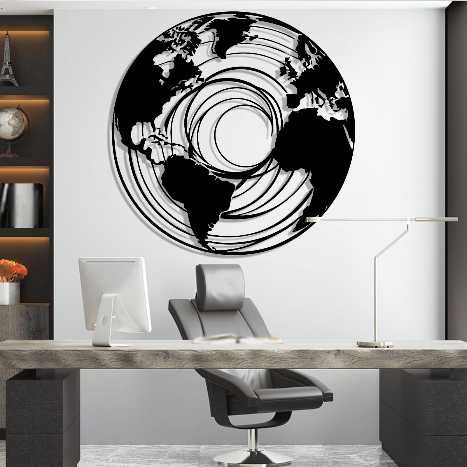 Schwarze Weltkarte aus Metall, Wanddeko mit Kontinenten aus Metall, Moderne Skulptur als Kartenmotiv für Wohnzimmer, Schlafzimmer, Flur und mehr (Schwarz, 30 x 30 cm)