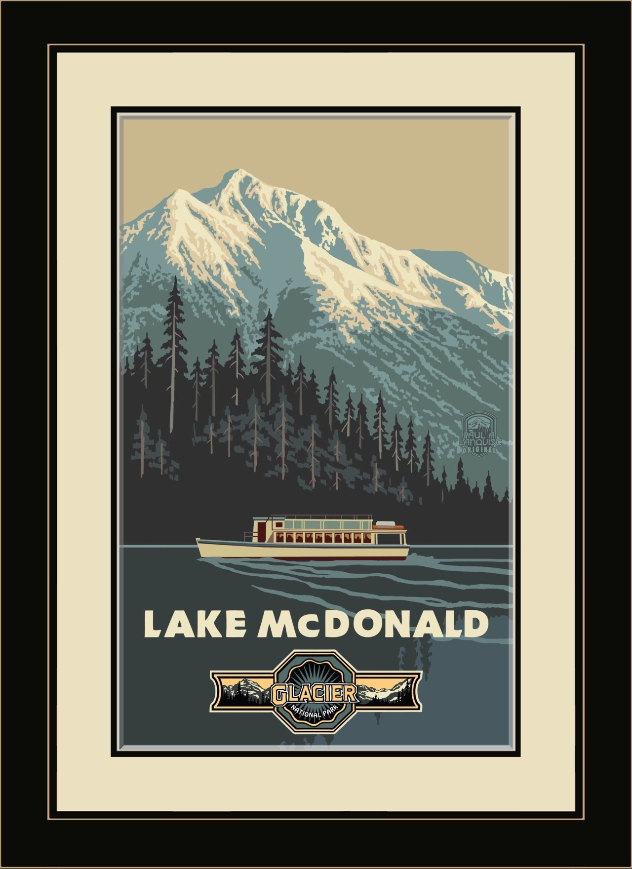 Northwest Art Mall PAL-5511 MFGDM Glacier National Park Montana Lake Mc Donald Tour Boat Framed Wall Art by Artist Paul A. Lanquist, 13" x 16"
