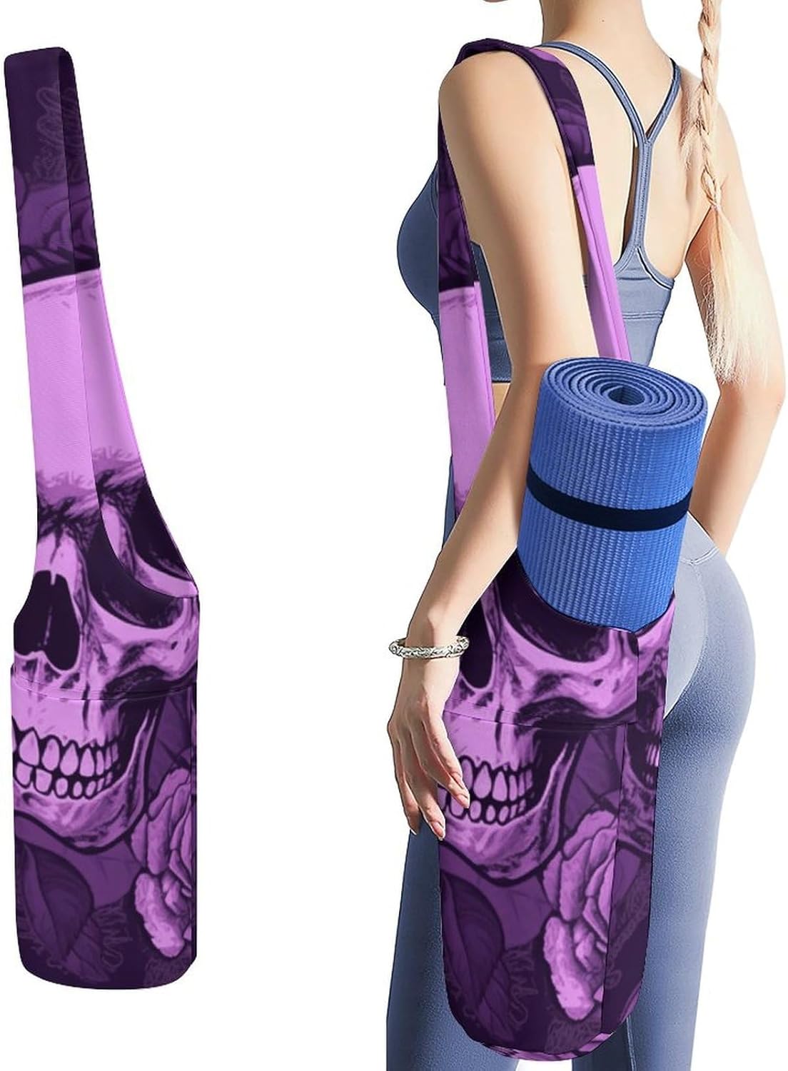Purple Skulls And Roses Yoga Mat Bag Yoga Backpack Multi Pocket Exercise Yoga Mat Carrier Multi-Functional Storage Bag for Pilates Beach Travel And Everyday Use