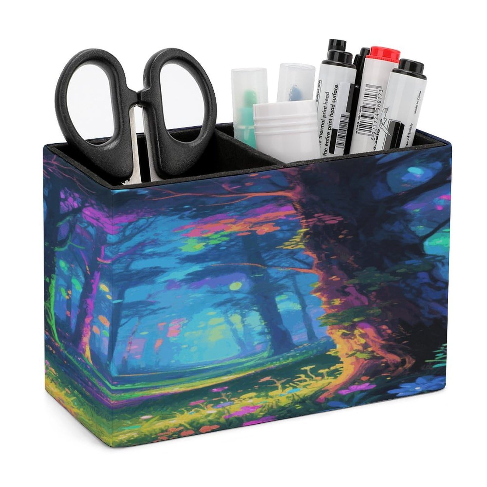 VstaDank Fluorescent Forest Pencil Holder for Desk Organizer 2 Compartments Pen Cup Leather Square Pen Holder Pencil Cup Stand Makeup Brush Holders for Desktop Organizer Storage Case