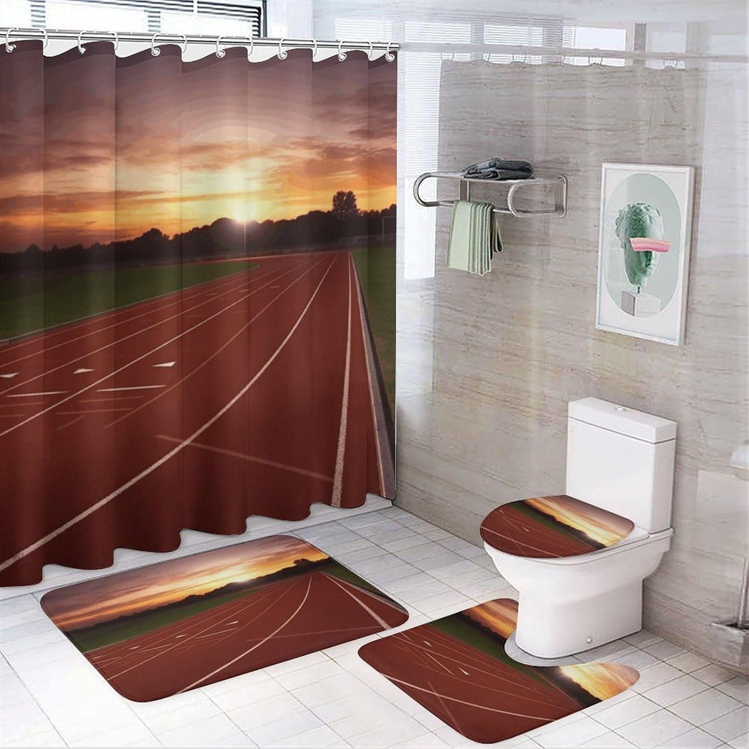 Dusk Running Track 4Pcs Shower Curtain Set with Non-Slip Rugs, Toilet Lid Cover and Bath Mat,Bathroom Set Decor Accessories,Curtain Set with 12 Hooks, 72 X 72 Inch