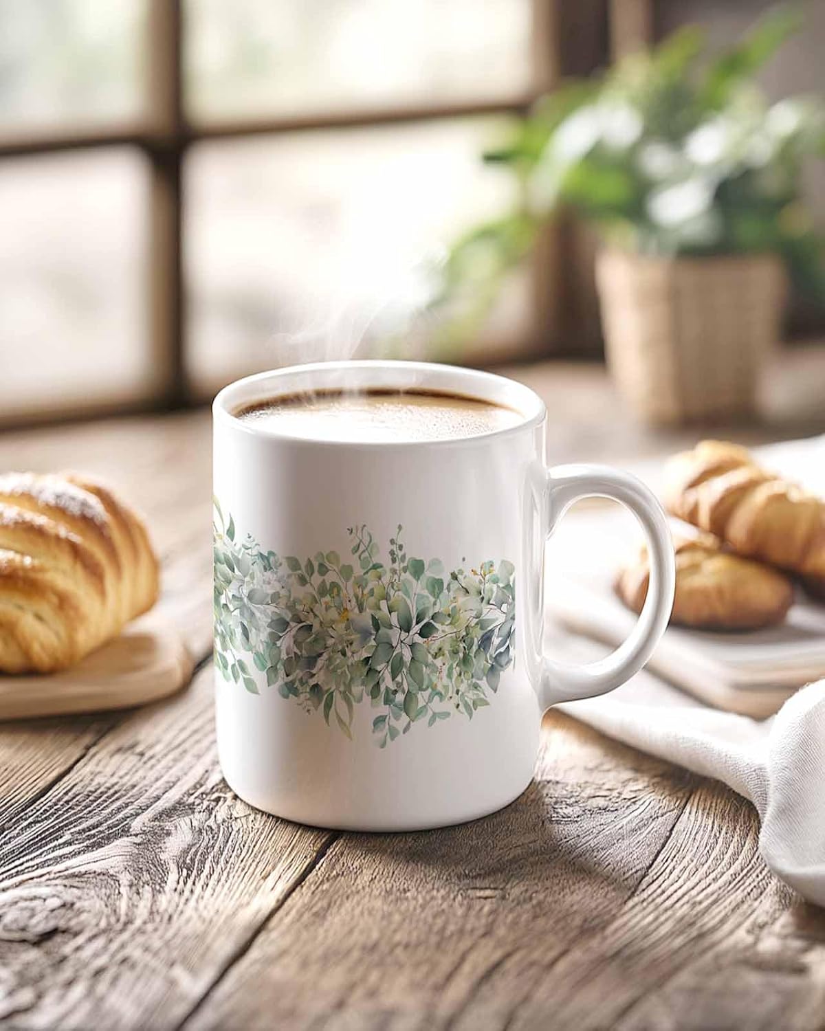 BEMIGO Ceramic Coffee Mug Green Eucalyptus Leaves Ceramic Mug White Cup, Spring Leaf Insulated Coffee Cup with Handle with Pattern Perfect for Tea and Hot Beverages, 12oz