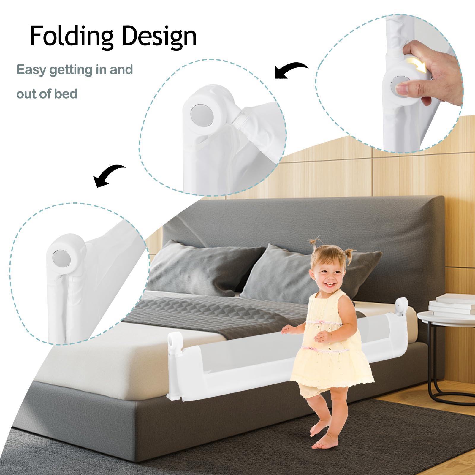 LIFEZEAL Barandilla de Cuna Plegable con Correas, Barrera de Seguridad Infantil rellena de algodón, protección anticaída de Cuna de Tejido Oxford, 152x34x42cm (Blanco)