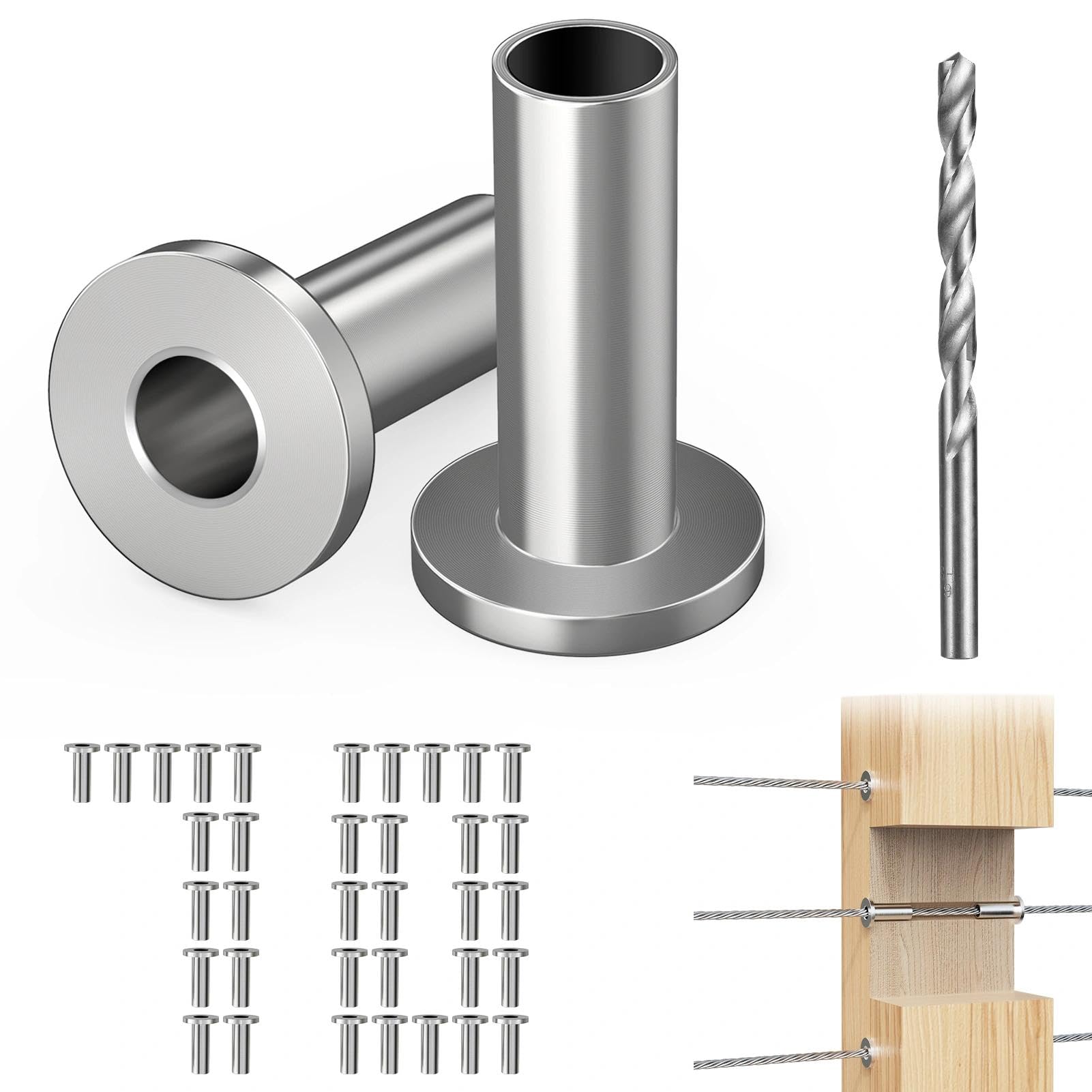 Steel DN Mate 70 Pack Stainless Steel Protector Sleeves for 1/8" 5/32" or 3/16" Cable Railing, Cable Protector Sleeves for Cable Railing System,T316