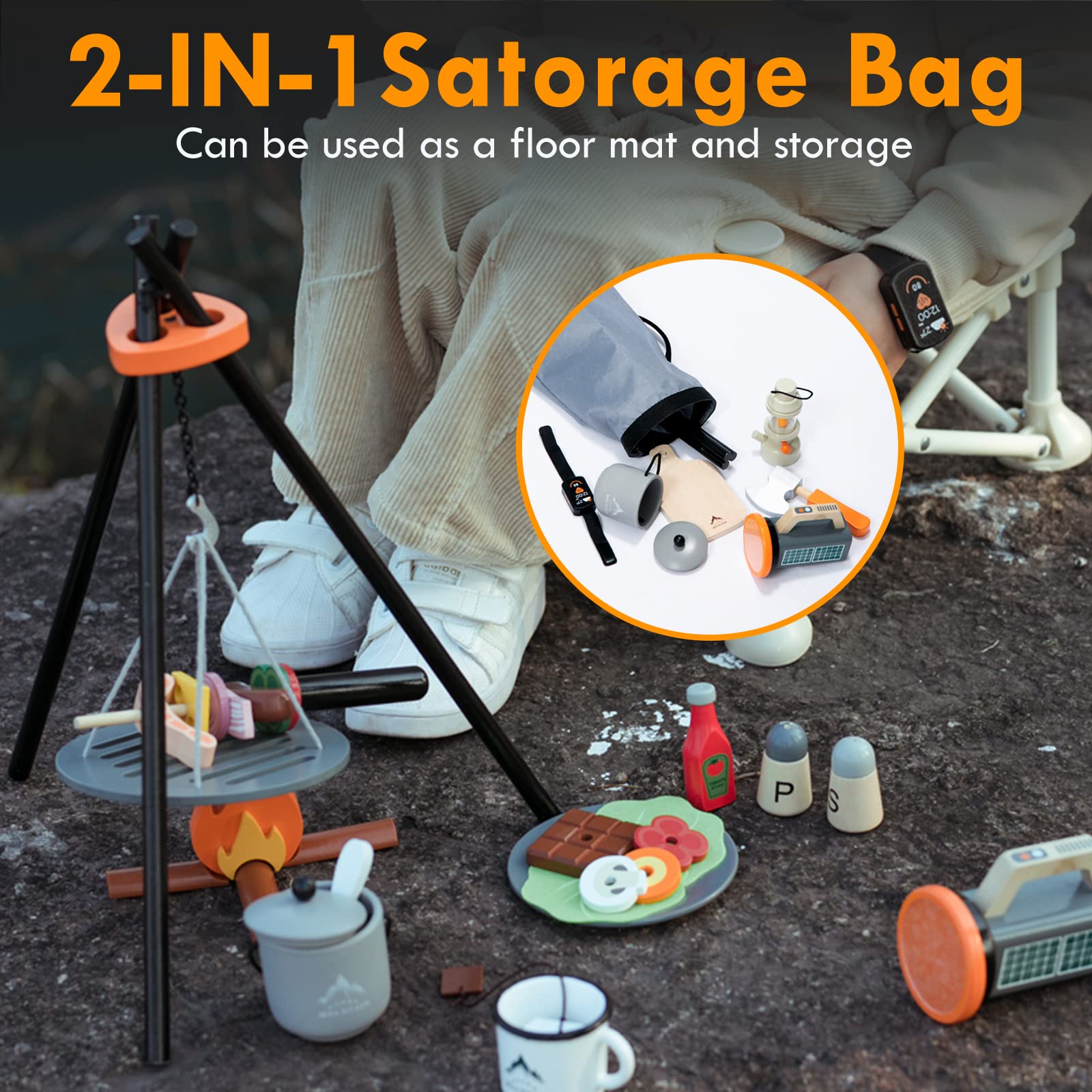 Juego de juguetes de campamento para niños, juego de simulación con fogata, juego de madera para acampar, cortar alimentos para jugar, cocina, equipo de campamento para cocina, interior y 4