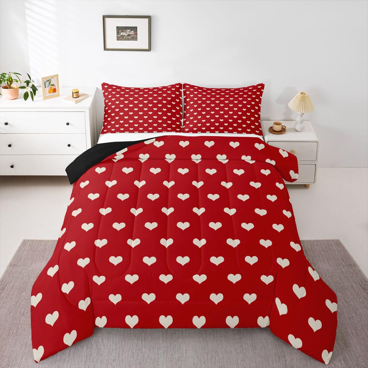 Castle Fairy Red White Kids Comforter Set Queen Size,Cute Heart Print Valentine's Day Reversible Bedding Set for Girls Bedroom Decor Cartoon Love Theme Geometric Quilted Duvet,2 Pillowcases