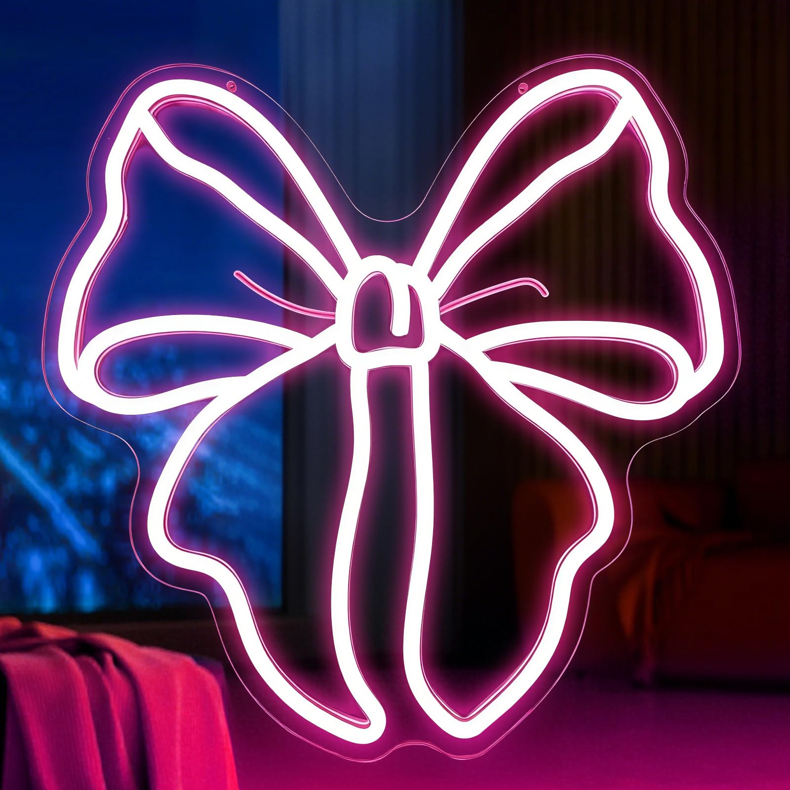 Pink Bow Neon Light Sign, Decorative Neon Lights with USB Power, Aesthetic Neon Sign, Cute Bow Bedroom Accessories for Girls and Women