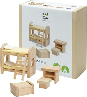 PlanToys Wooden Children’s Room Classic Set for Montessori Small World Play | Creative Role Play and Social Interaction | Eco Friendly Wooden Dollhouse Bedroom Furniture for Imaginative Play