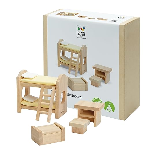 PlanToys Wooden Classic Line of Dollhouse Furniture - Children's Bunk Bedroom Set (9502) | Sustainably Made from Rubberwood and Non-Toxic Paints and Dyes | PlanNatural Classic Wooden Toy Collection