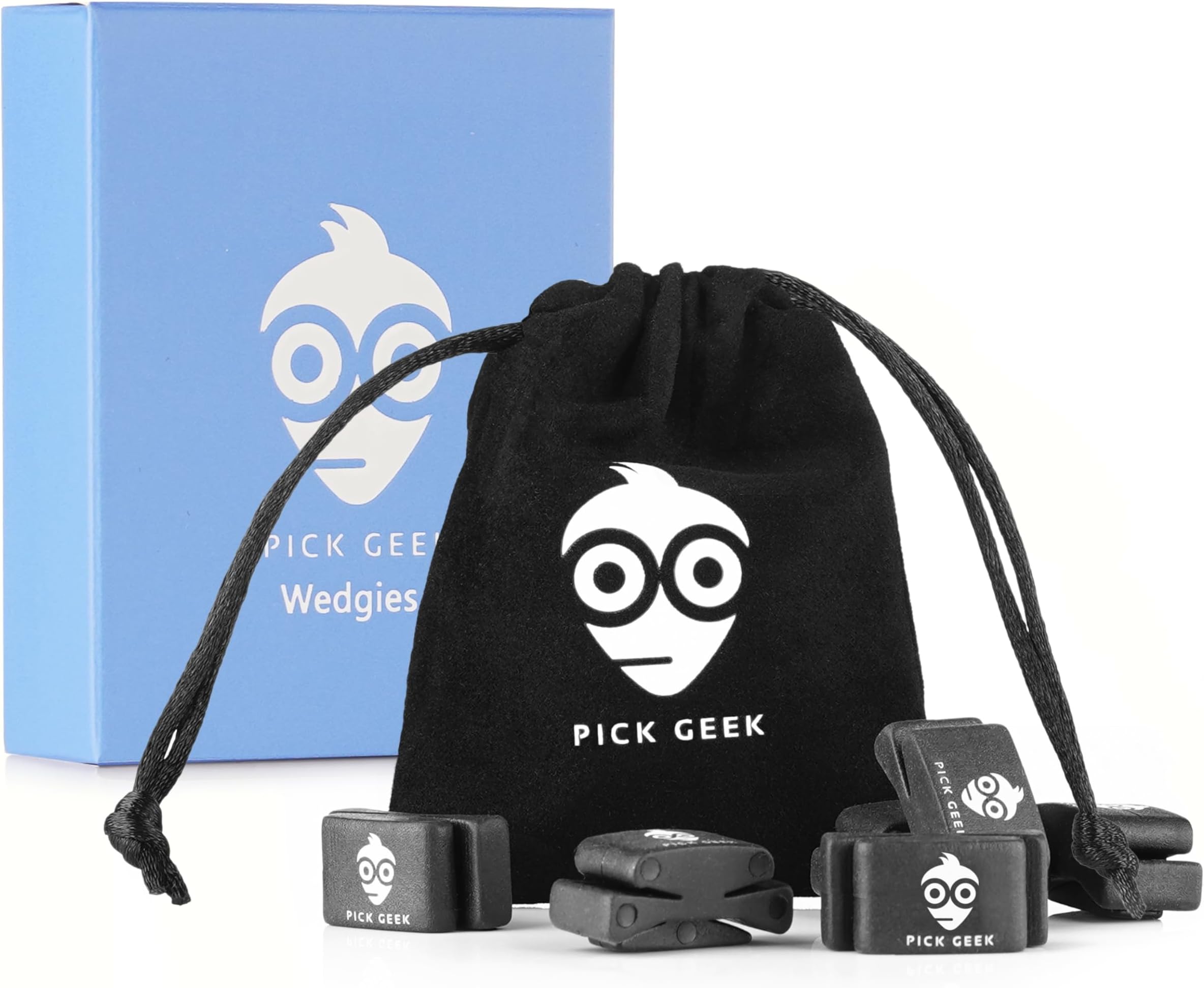Pick Geek Wedgie Pick Holder Set | 6 x Wedgie Pick Holders | Fits Electric, Acoustic and Bass Guitars | Gifted in a Unique Linen Plectrum Bag | Includes a FREE Pick Geek Steel Pick