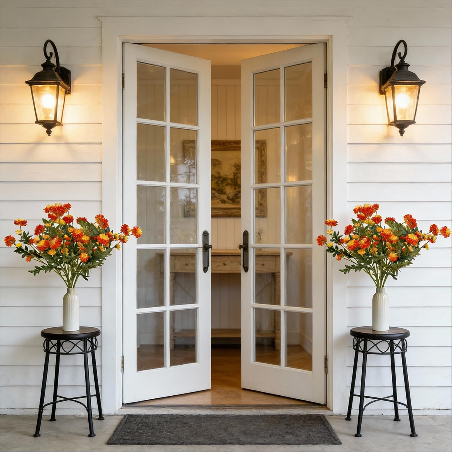 5 Bundles Daisy Flowers for Outdoor Planters, UV Resistant Colorful Silk Daisies Faux mums for Outdoor planters, Faux Daisy Stems for Porch,Yard and Patio, Orange Yellow