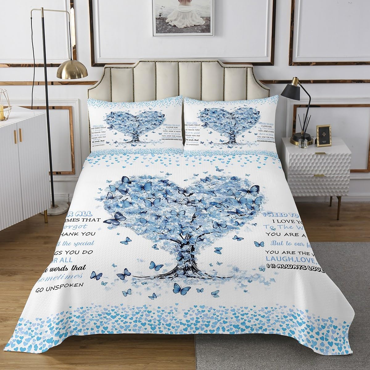 Women's Day Kids Bedspread King Size,Butterfly Love Heart Mother's Day Coverlet Set,Girls Women Room Decor,Inspirational Words Dreamy Quilted Coverlet,Blue Bedding Quilt,2 Pillowcases