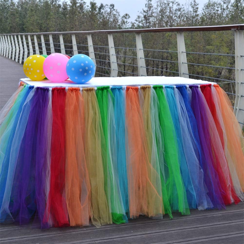 Honeystore Tutu Table Skirt Rainbow Table Skirt for Rectangle or Round Table Skirting Decoration for Bridal Shower Wedding Baby Shower Birthday Party Decor