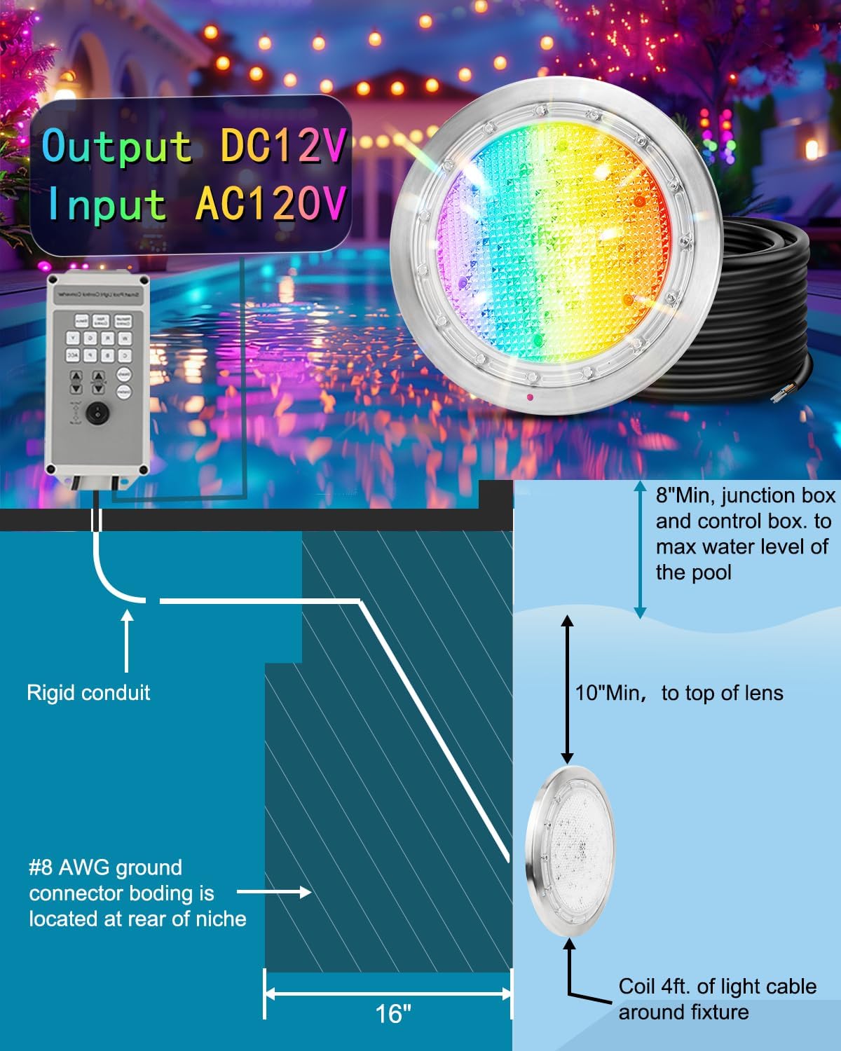 10 Inch Pool Lights for Inground Pools, 12V DC LED Inground Pool Light with Controller, Remote and APP Control Only for 10 Inch Wet Niche, Underwater Swimming Pool Light, RGB, 50FT Cord