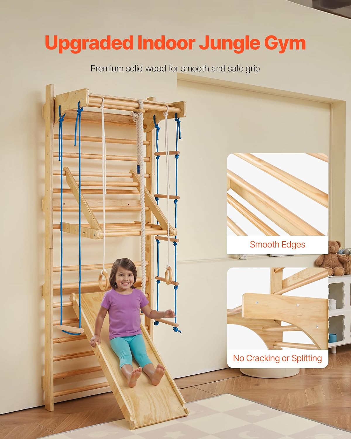 VEVOR Swedish Ladder Wall Gym, 10-Level Solid Wood Indoor Jungle Gym, 220lbs Loading Indoor Playground Climbing Ladder for Kid Adults, Gymnastic Stall Bars with Pull-Up Bar - Ideal Gift for Boys Girls