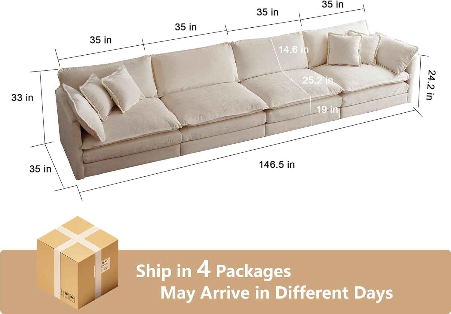 146.5" Oversized Deep Seat Chenille Cloud Sofa Couch, Large 4 Seater Modular Sectional Sofa for Living Room Apartment Office (Light Coffee)