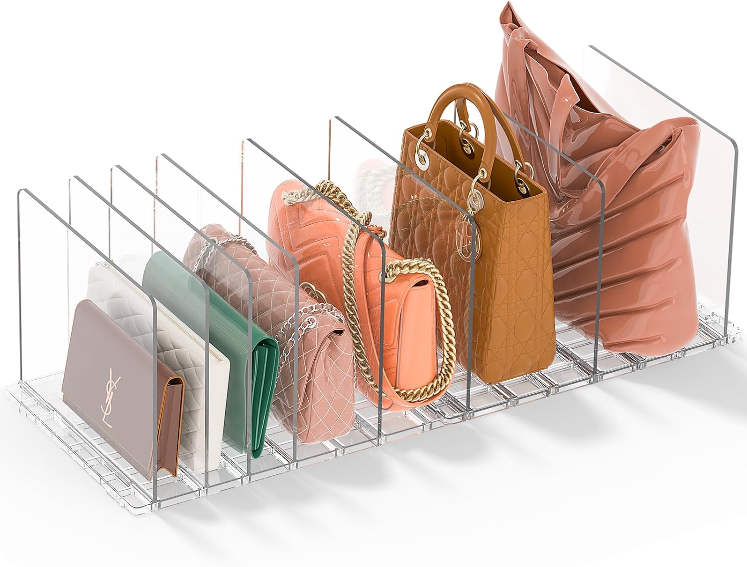 Adjustable clear purse organizer for closet keeps purses upright
