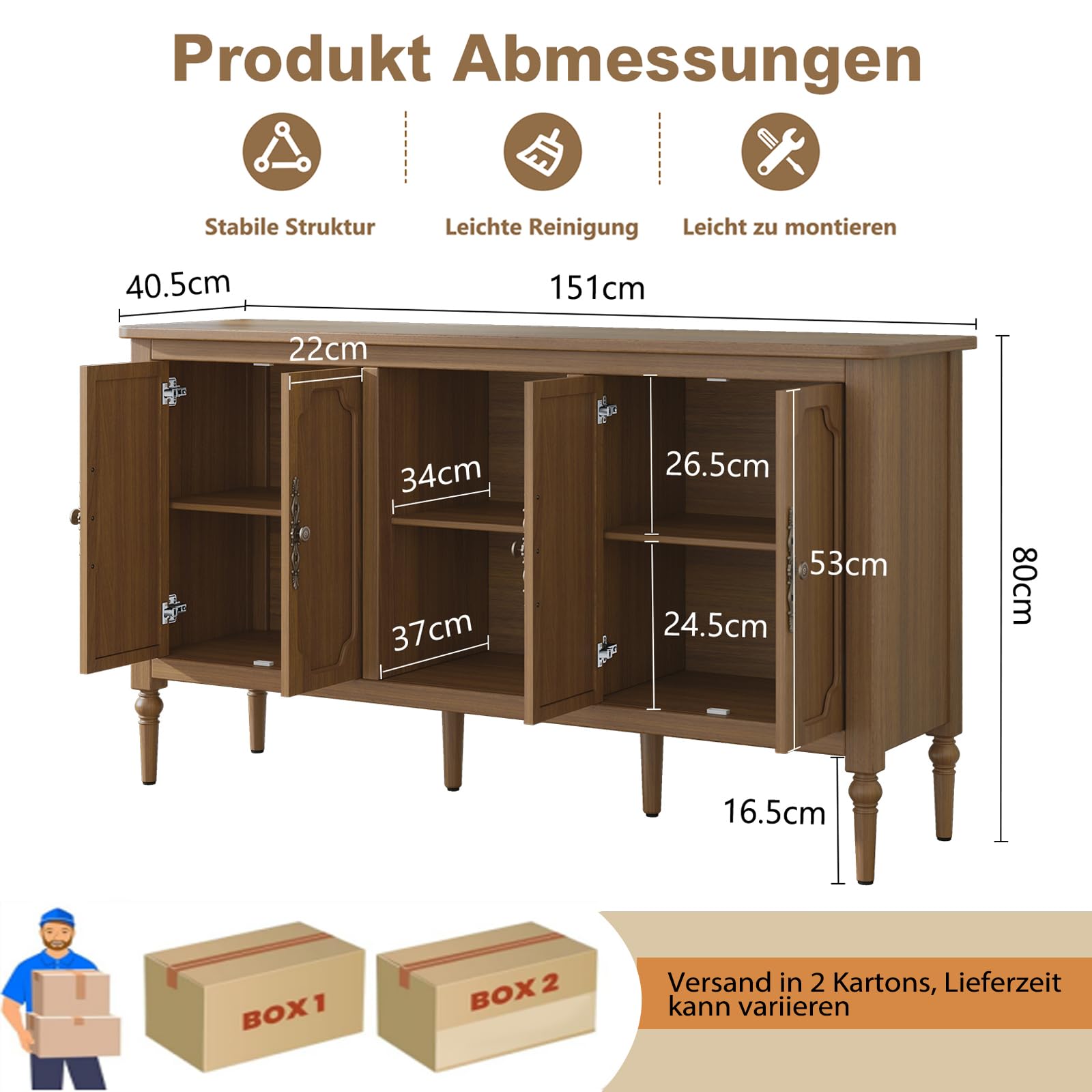 HOLTICO Kommode mit 4 Türen und Offenes Schrank, Vintage Akzent Sideboard Buffet Schrank Holz, Braun Kommoden & Sideboards für Wohnzimmer, Esszimmer, Küche