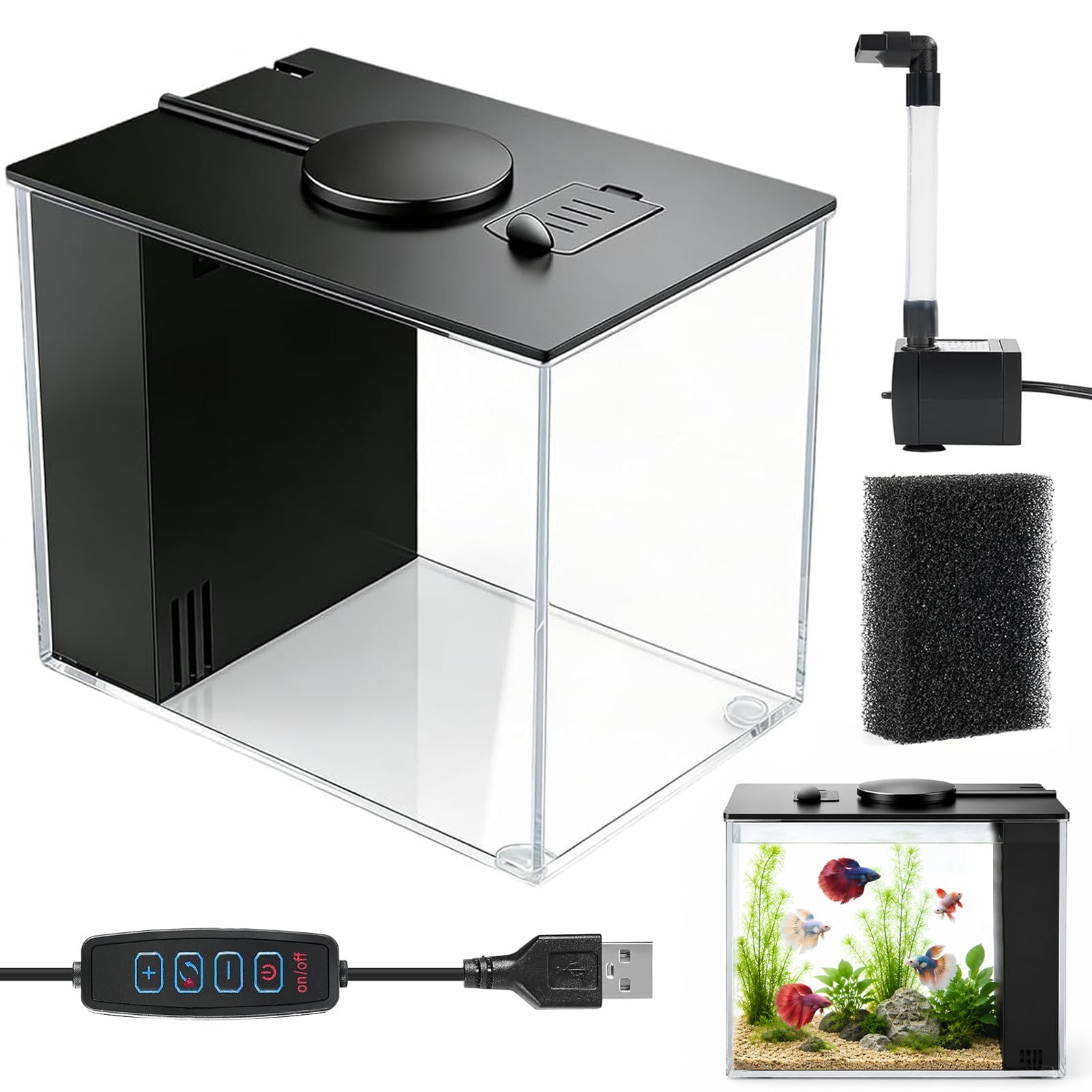 LOMUG Mini aquarium Betta de 4,3 l avec pompe à filtre, éclairage LED, idéal pour les petits poissons, crevettes, plantes, Aquascape DIY (20 x 15 x 15 cm, noir)