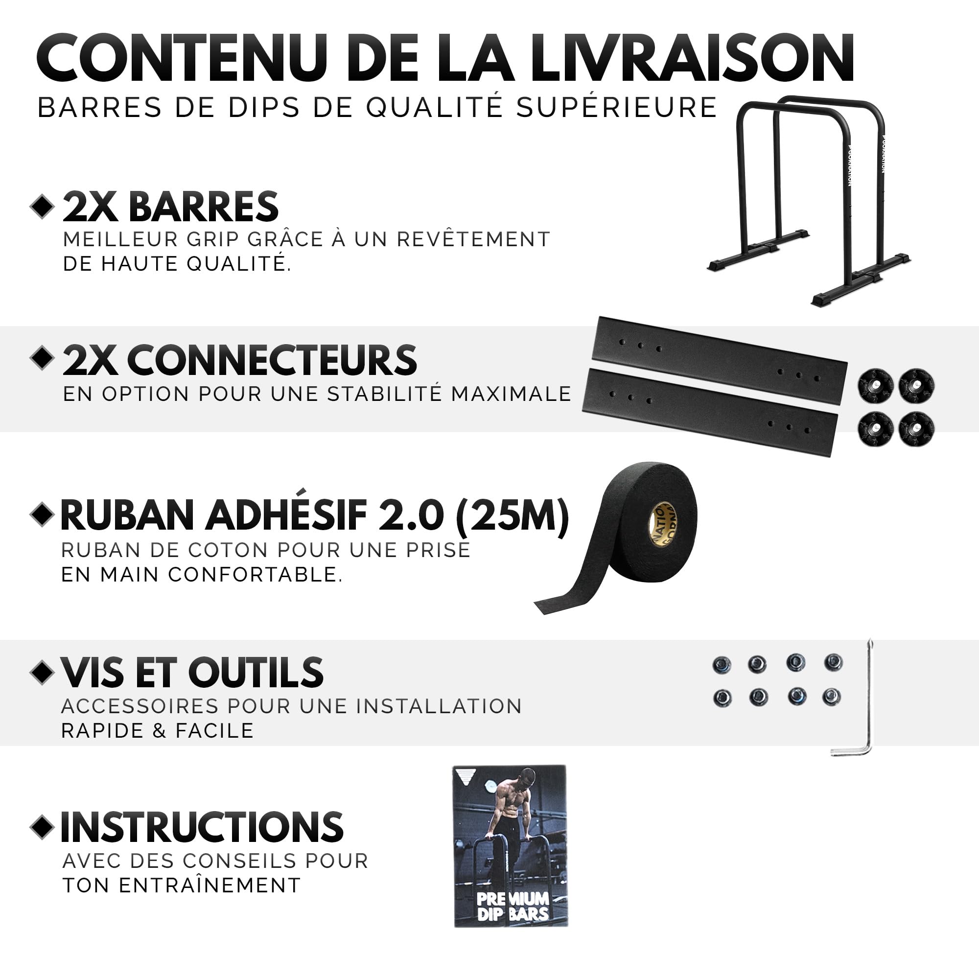 GORNATION Barres Dips, Barres Parallèles en Acier pour Calisthenics, Équipement de Street Workout & Fitness avec réglage et Pieds antidérapants, Barre de Dips pour Home Gym (Barres de Dips)