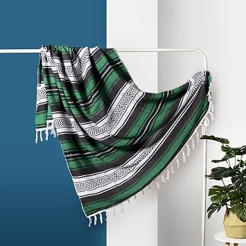 Airooglee 77" L x 46.4" W Large Mexican Blanket - Perfect as Camping Blanket, Yoga Outdoor Beach Serape Picnic Woven Blanket, Boho Home Decor - Green