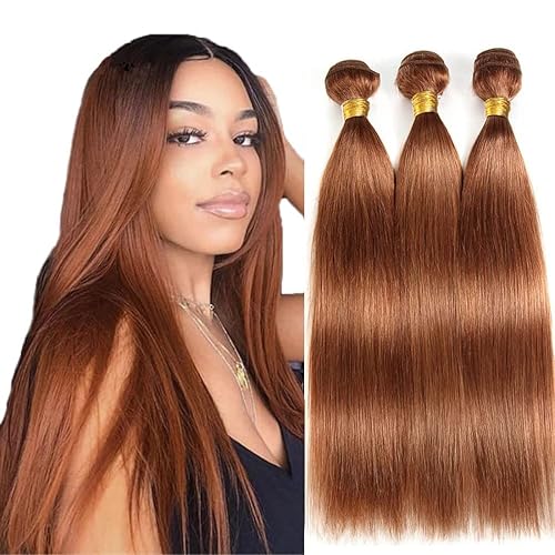 Miniatura 1 de #30 - Paquete de 3 paquetes de cabello humano marrón claro, paquete de 3 extensiones de cabello humano sin enredos para mujeres, 14, 16, 18 pulgadas