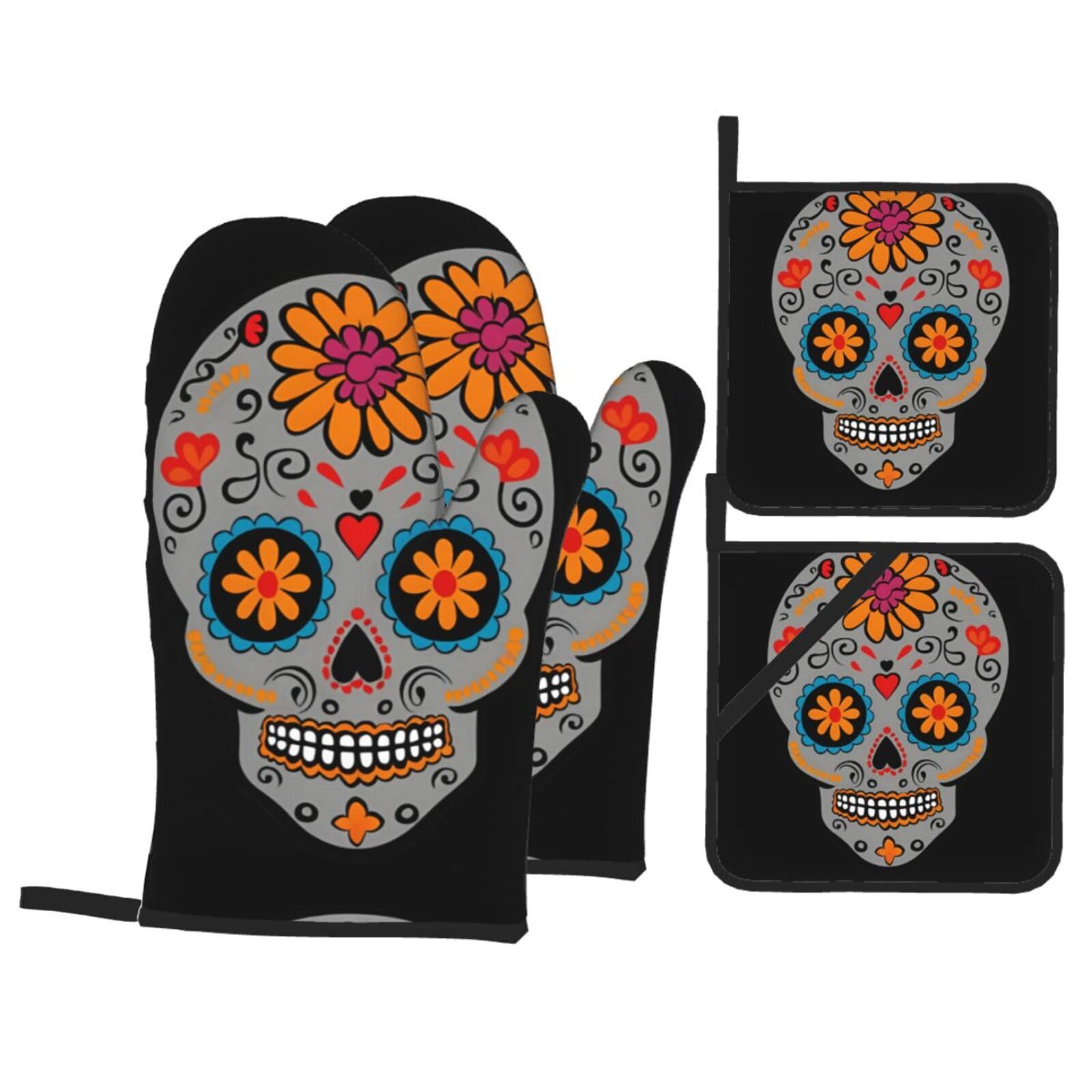 YYHWHJDE Flowered Skeleton Printed Kitchen Baking Set of 4 Thick Insulated Oven Mitt & Pot Holders, Anti-Scalding for Microwave, Oven, Outdoor BBQ