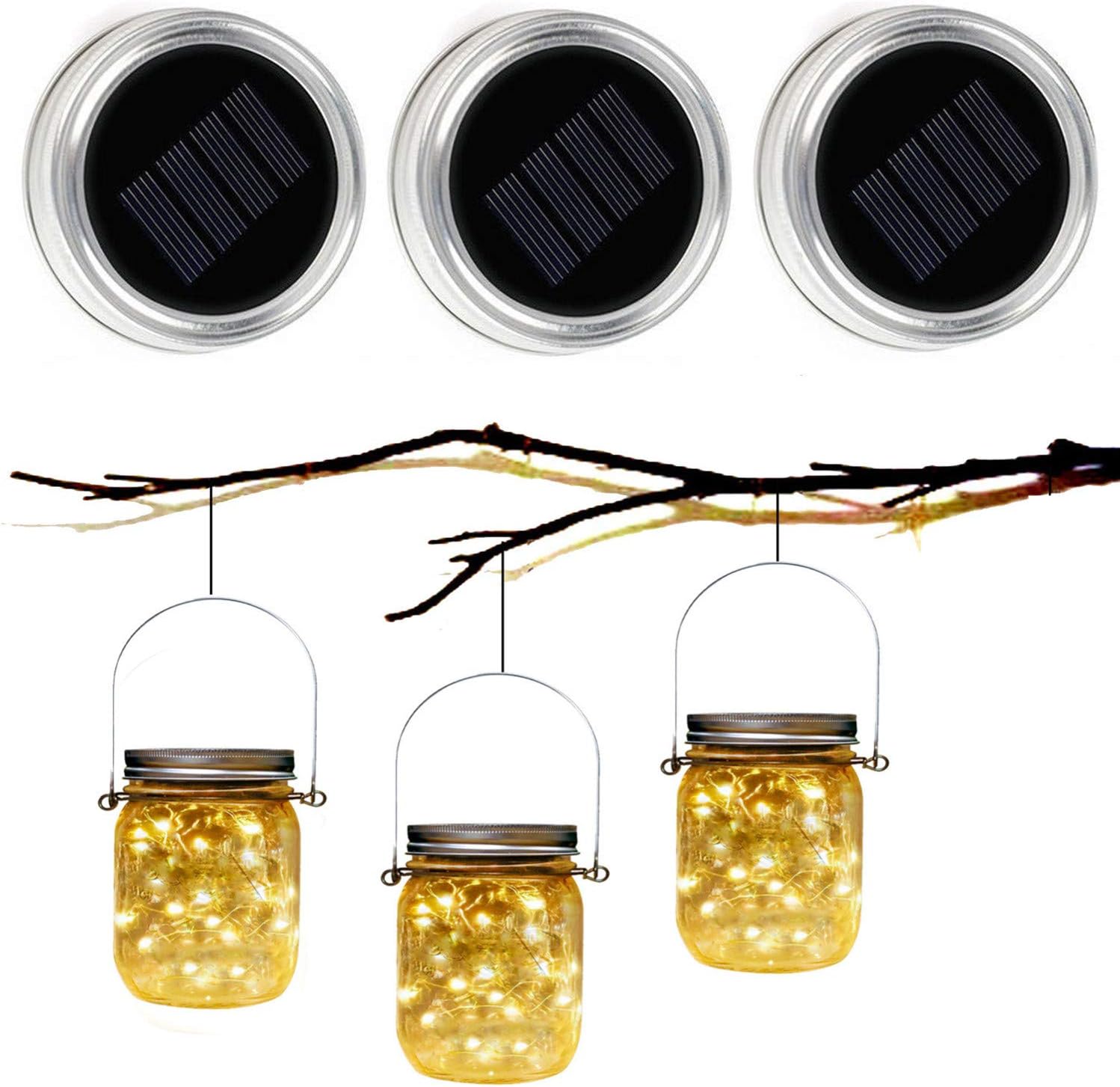 3 Packs Solar Mason Jar Lights Garden Hanging Lantern 10 LEDs String Fairy Lights Waterproof Firefly Decor for Patio Yard Desktop Party Class (Warm White)