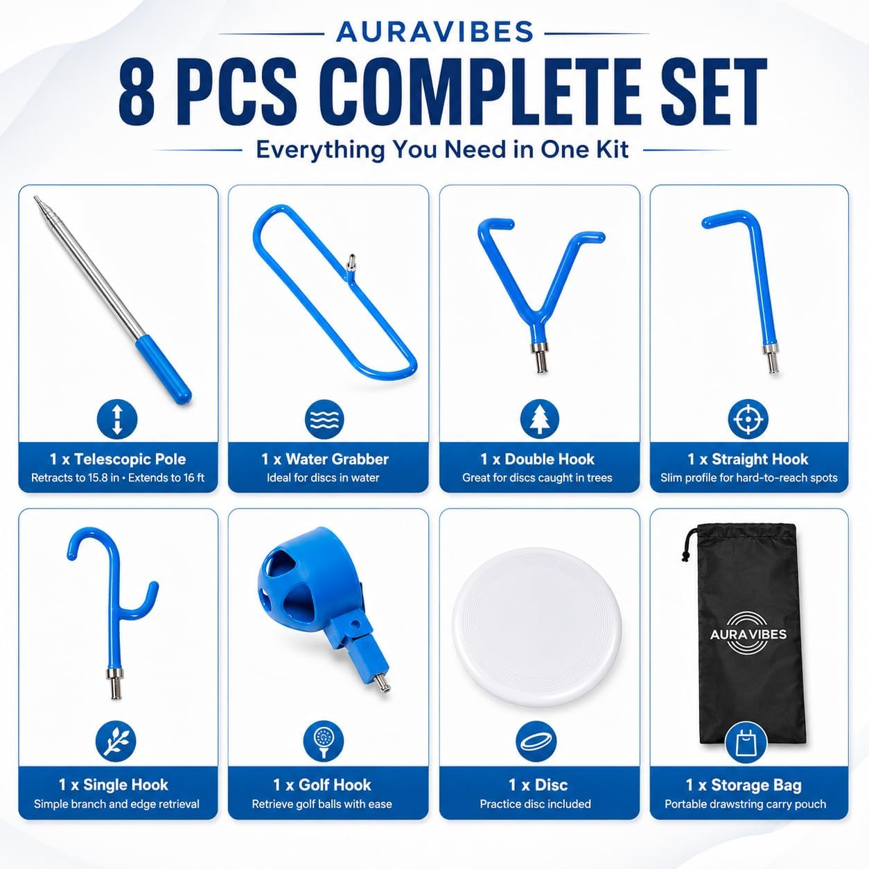 Auravibes 5-in-1 Disc Golf Retriever Pole, 16FT Telescopic Disc Retriever, 304 Stainless Steel Frame, Extendable Disc Golf Retriever with 5 Retrieval Heads, Carry Bag for Water, Trees & Bushes