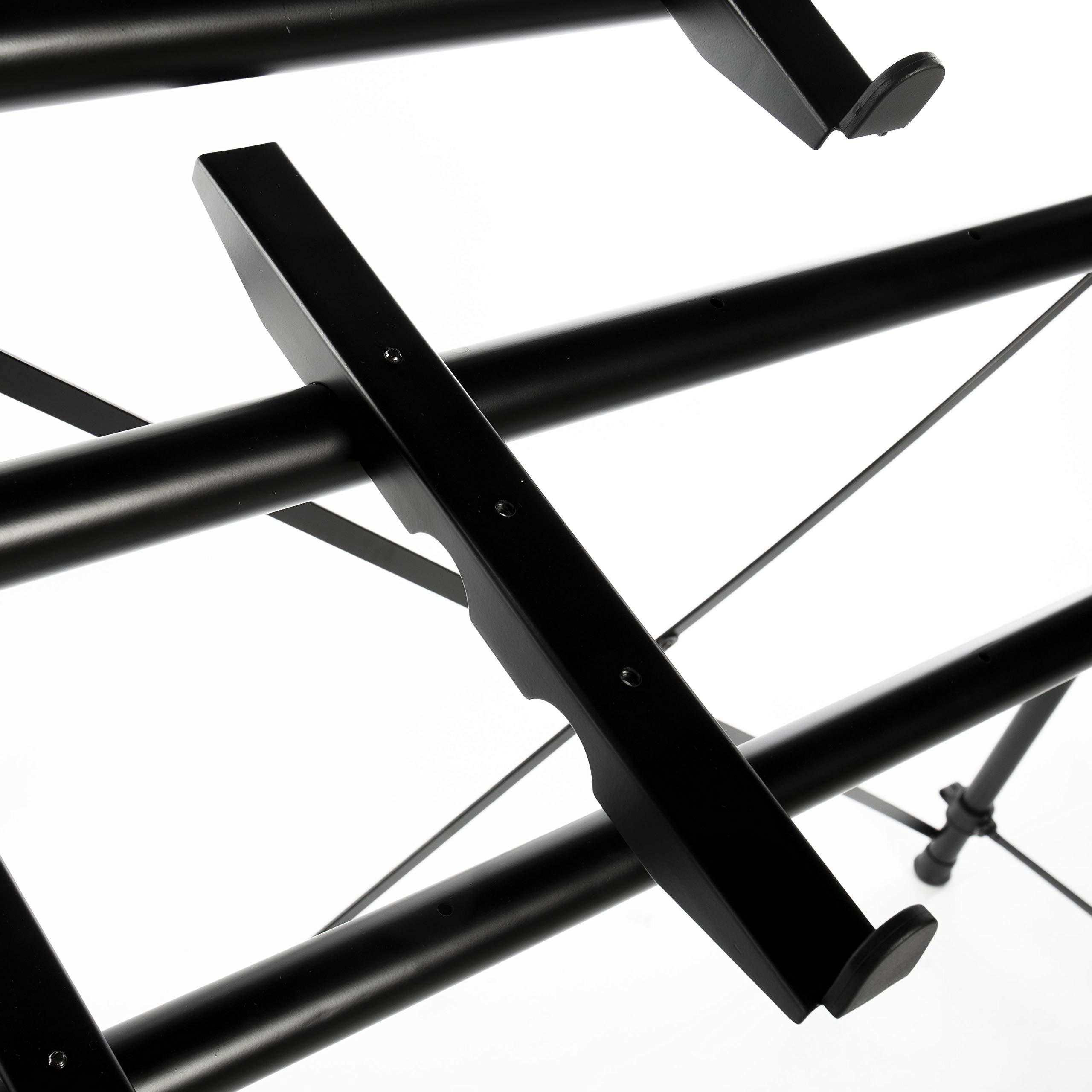 Music Store KB-1177 Keyboardständer, 3-Instrumenten Platz, Höhenverstellbar, Schwarz, Aluminiumkonstruktion, ABS-Befestigungsklammern, 370/840/1270mm Höhe, 380mm Tiefe, 800mm Breite, 1480mm Länge,