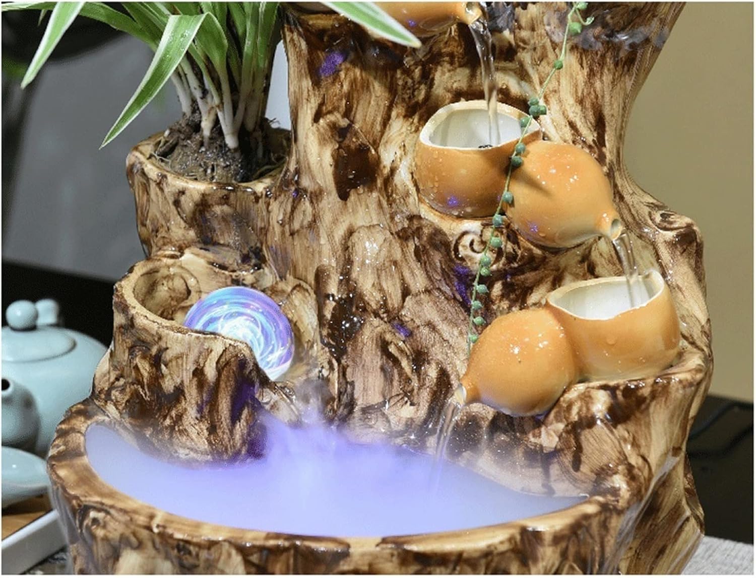 Desktop Fountain Tabletop Fountain Ceramic Feng Shui Wheel Lucky Gourd Rockery Landscape Flowing Water Fountain Desktop Decoration Waterfall Fountain