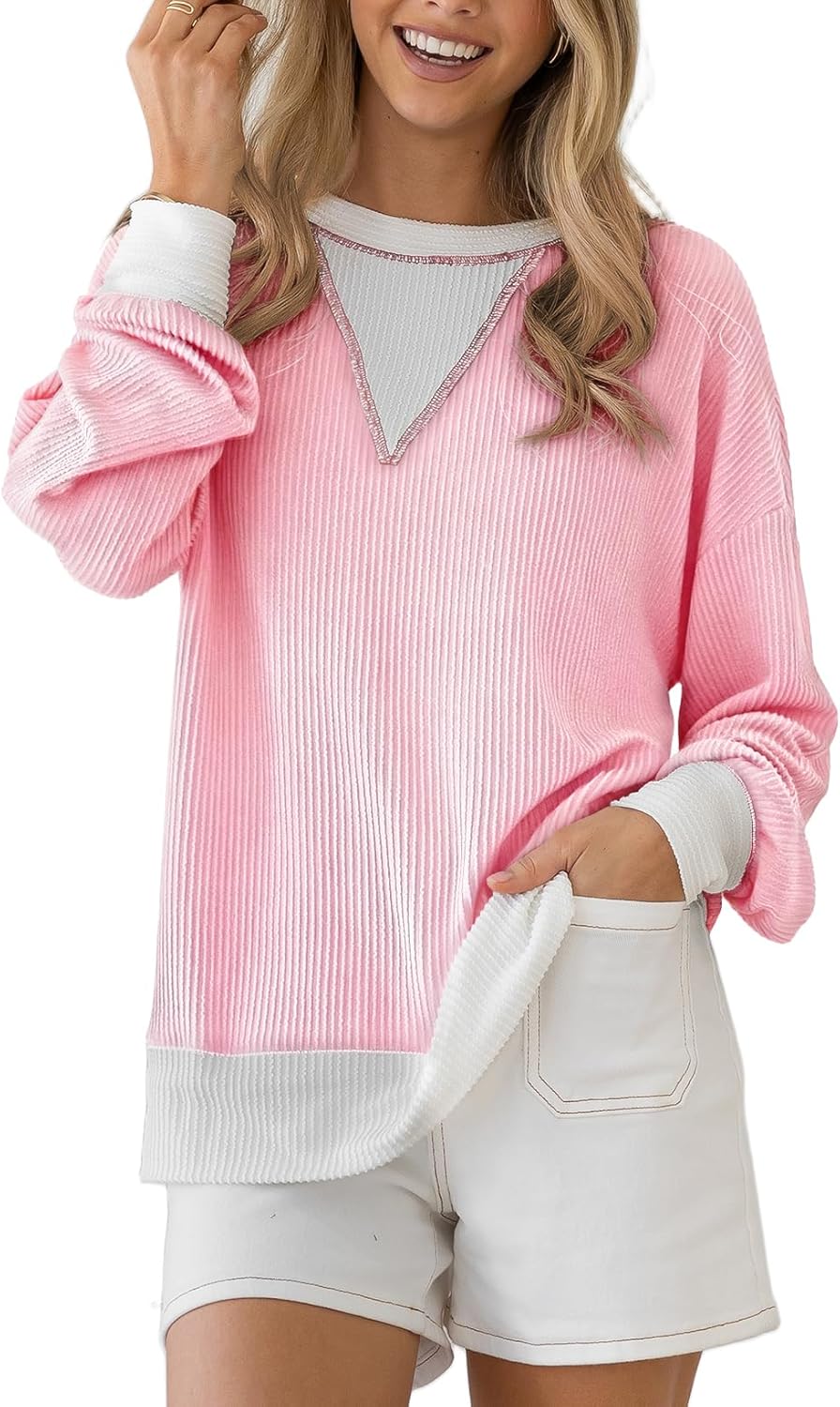 BLENCOT Long Sleeve Shirts for Women Crewneck Knitted Color Block Casual Top