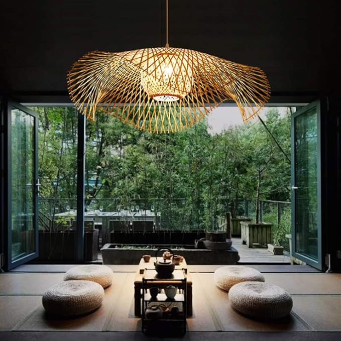 COCOL Vintage Bamboe Geweven Hanglamp - Natuurlijke Landelijke Verlichting Handgeweven E27 in Hoogte Verstelbare Lamp voor Villa Slaapkamer Woonkamer Decoratie Kroonluchter, 65cm photo 3