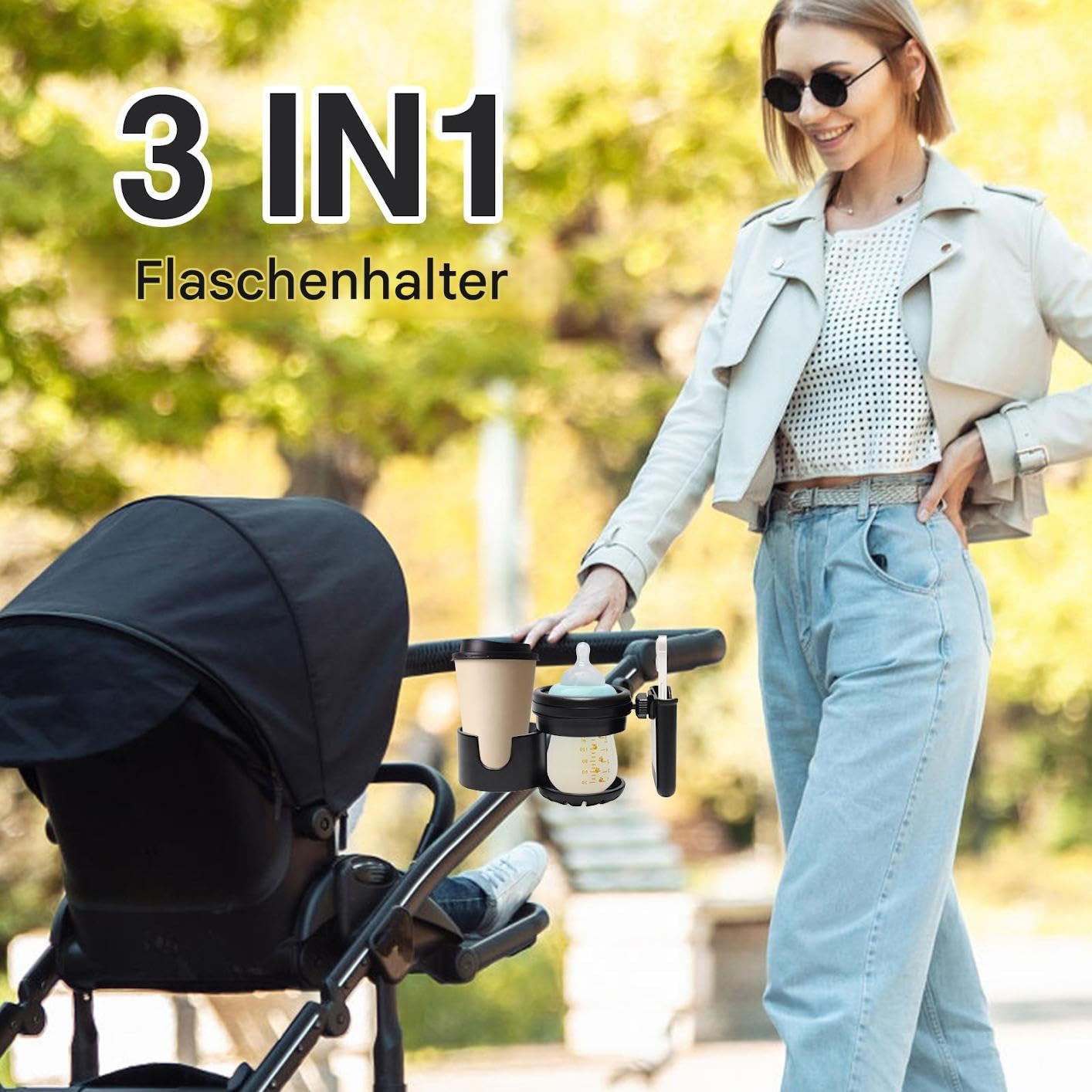 Portabottiglie per passeggino, portabottiglie, girevole a 360°, regolazione del morsetto regolabile, organizer per carrello della spesa, scooter, sedie a rotelle, biciclette, viaggi, esterni