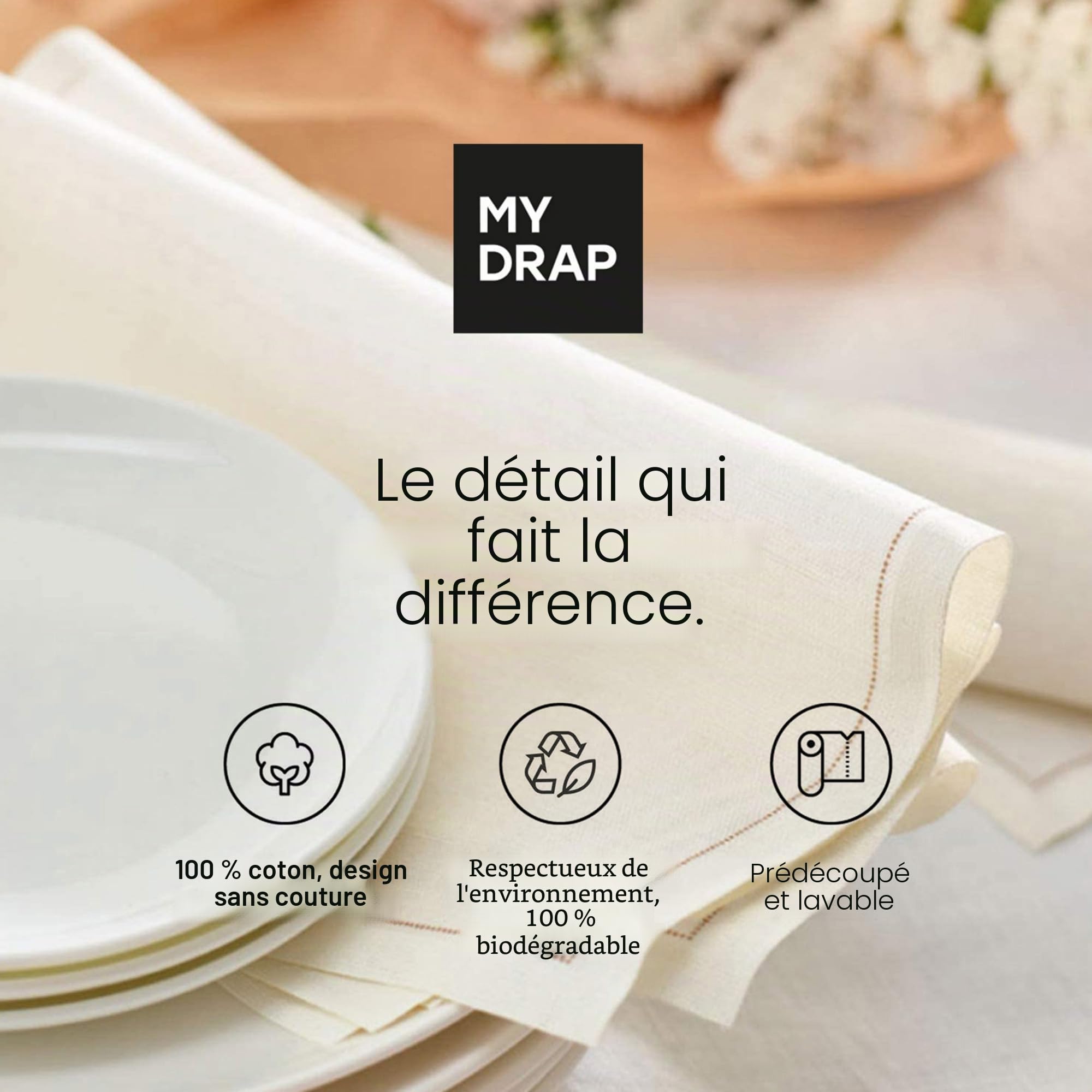 MY DRAP Rouleau de 100 serviettes en tissu | 15 x 15 cm | Serviettes pour événements, restaurants, restaurants | 100 % coton | réutilisables | Écru | Format rouleau | Unités prédécoupées