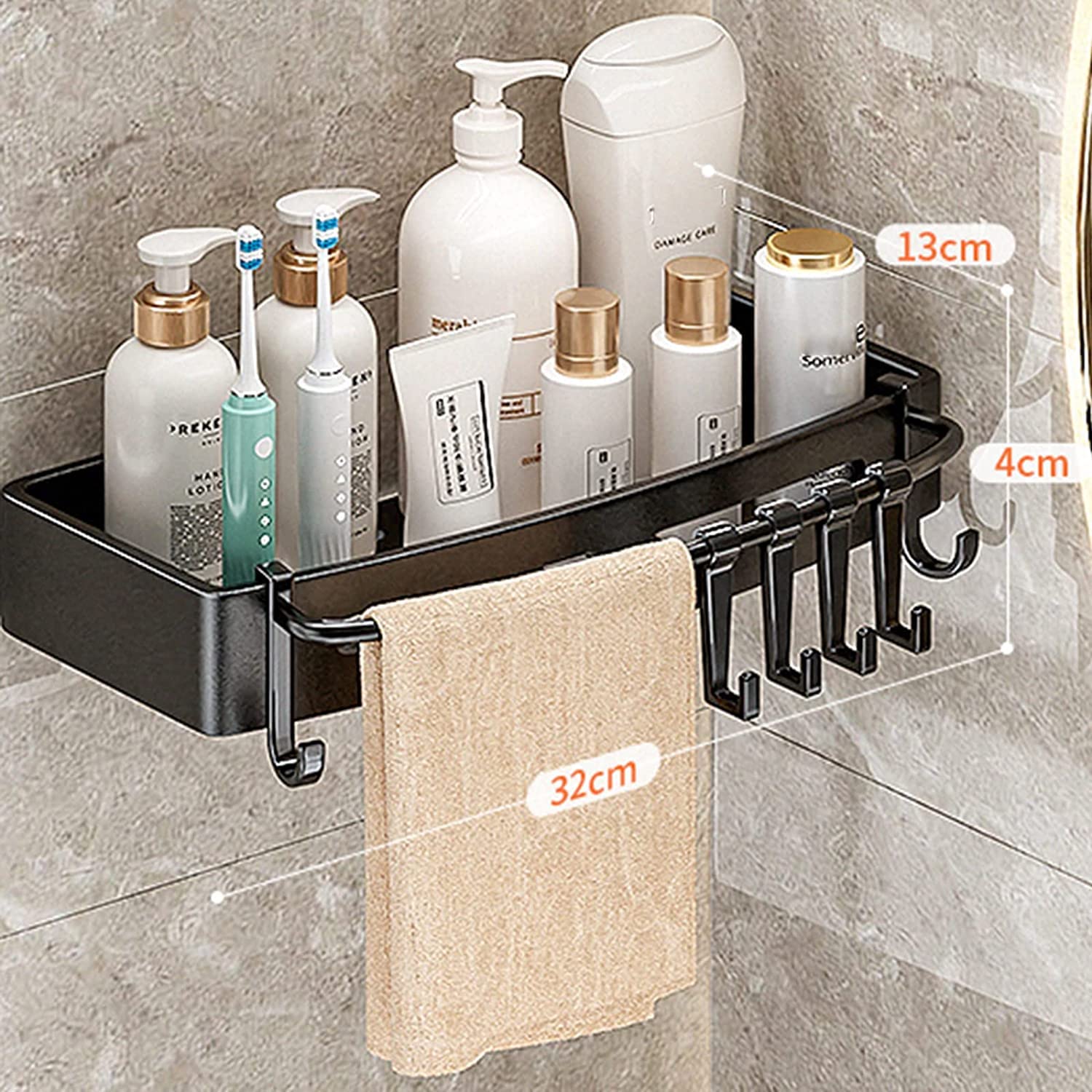 AKAZI Estante de Ducha Adhesivo Estantería de Pared para baño Estantes de Ducha Sin Taladro con Espacio de Gancho Aluminio para baño Cocina,Silver B,1 Story (Black B 2 Layer)