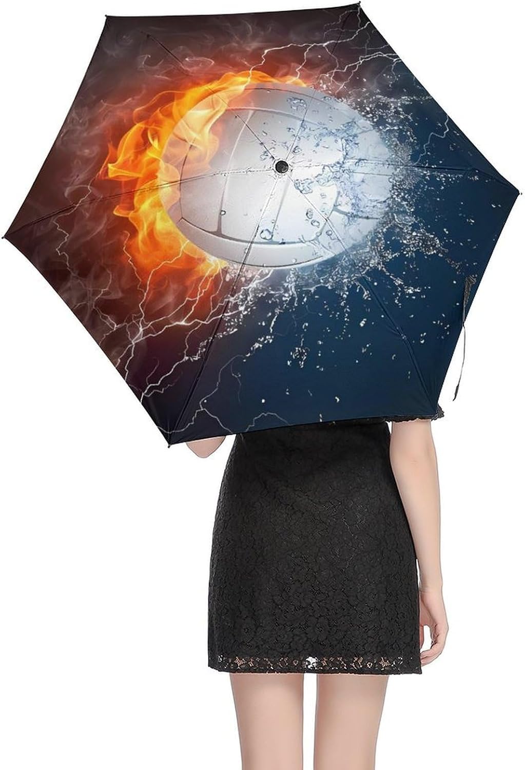 Ice And Fire Volleyball_74279859 Printed Exterior 5 Fold Umbrella,Windproof Travel Umbrella for Sun Protection, Small Portable,Compact Umbrellas for Travel, Purse Or Backpack