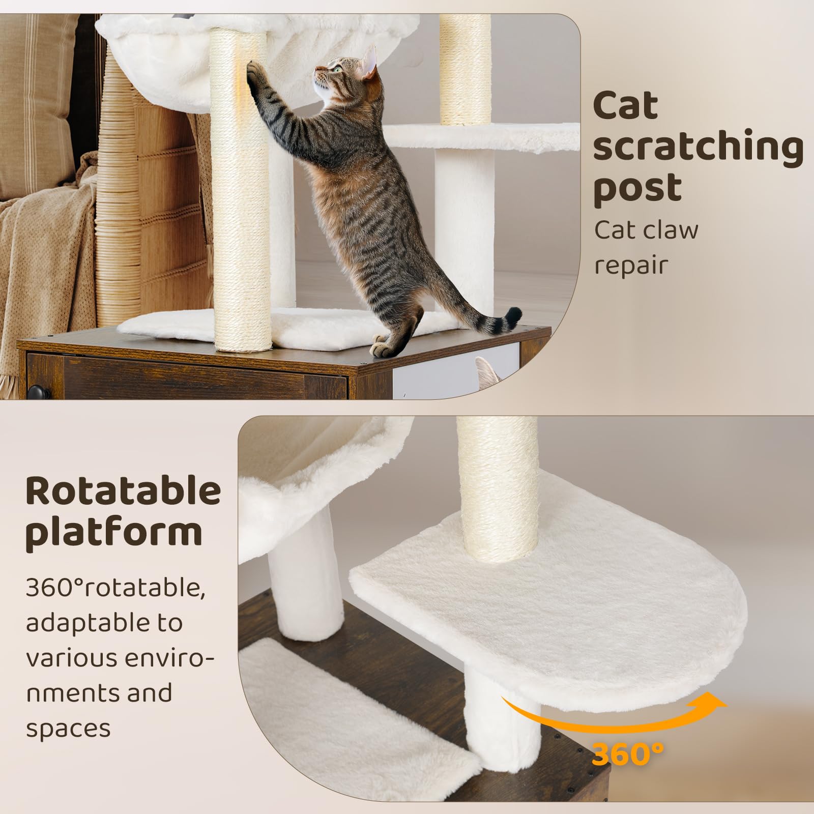 Krabton: RFWR® 2-in-1 Kattenboom En Krabpaal Met Afneembaar Pluche Hoogte 119 Cm Houten Meubel Met Sisalstammen En Hangmat Voor Katten