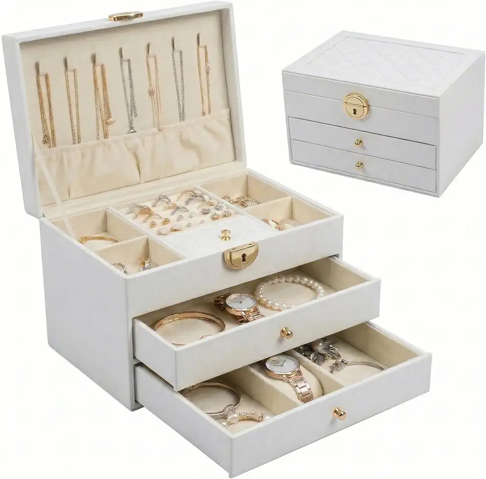 Porta Joias Luxo 3 Camadas com 2 Gavetas com Fechadura – Organizador de Joias e Bijuterias em Couro com Interior em Veludo para Anéis, Brincos, Colares, Pulseiras e Relógios (Branco)