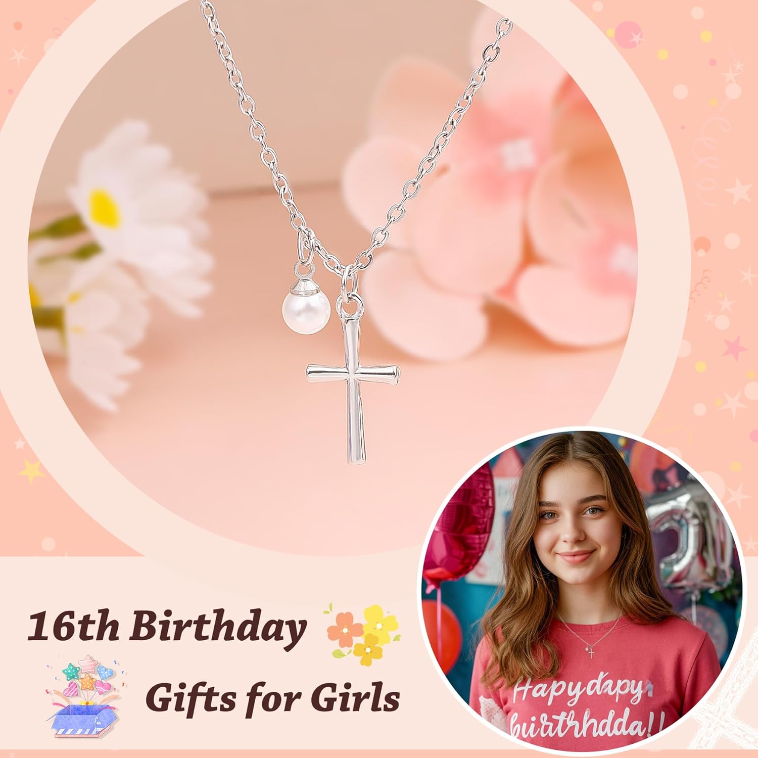 Sereney Happy Birthday Gifts for Girls, Silver Stainless Steel Necklace as 11 13 15 16 Year Old Teens Birthday Gift, Adjustable Cross Pearl Necklace Birthday Gifts for Daughter Granddaughter Niece Girls - Image 3