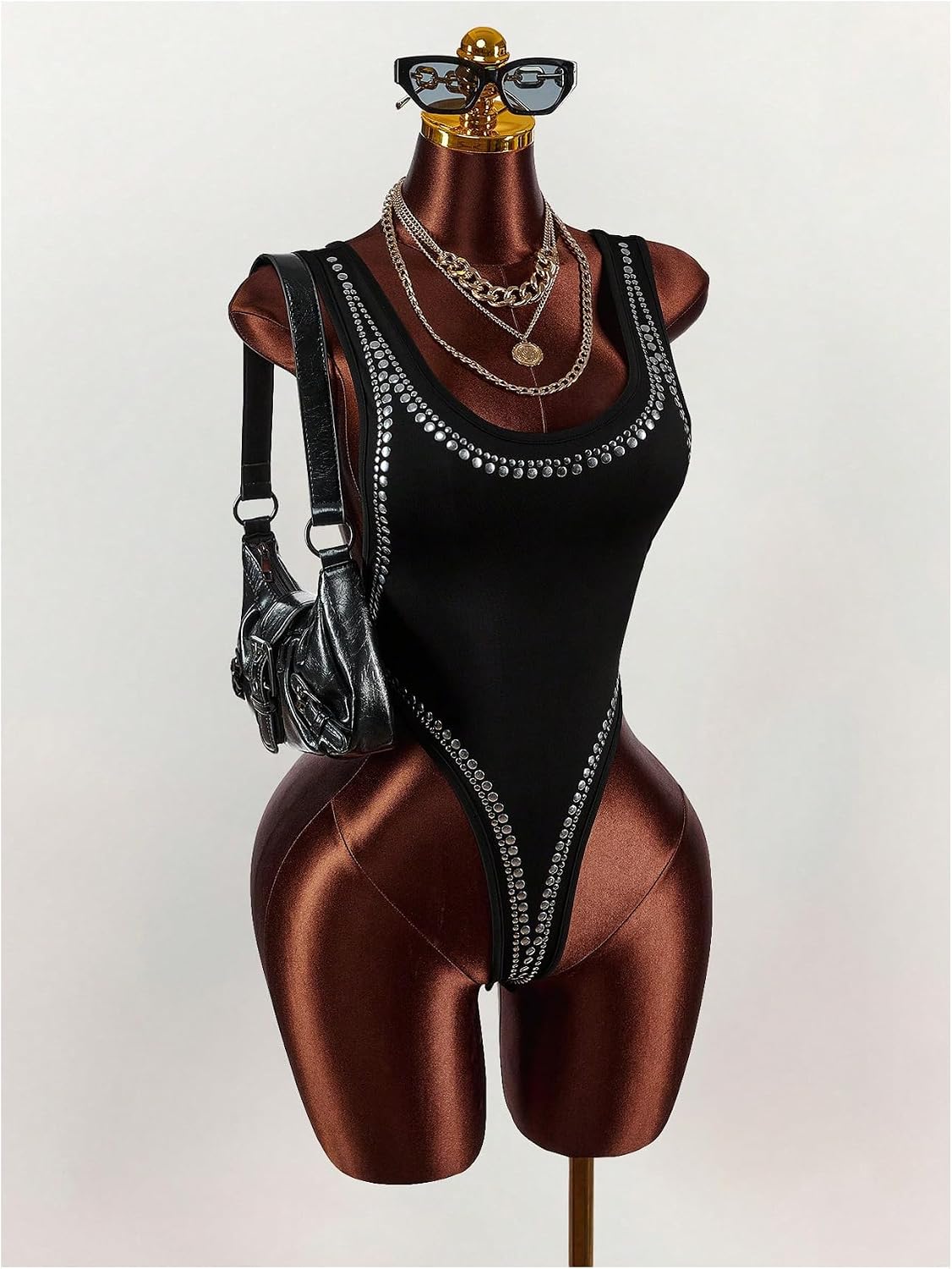 Milumia Women's Studded Scoop Neck Thong Bodysuit Sleeveless Backless Rave Party Leotard Tops