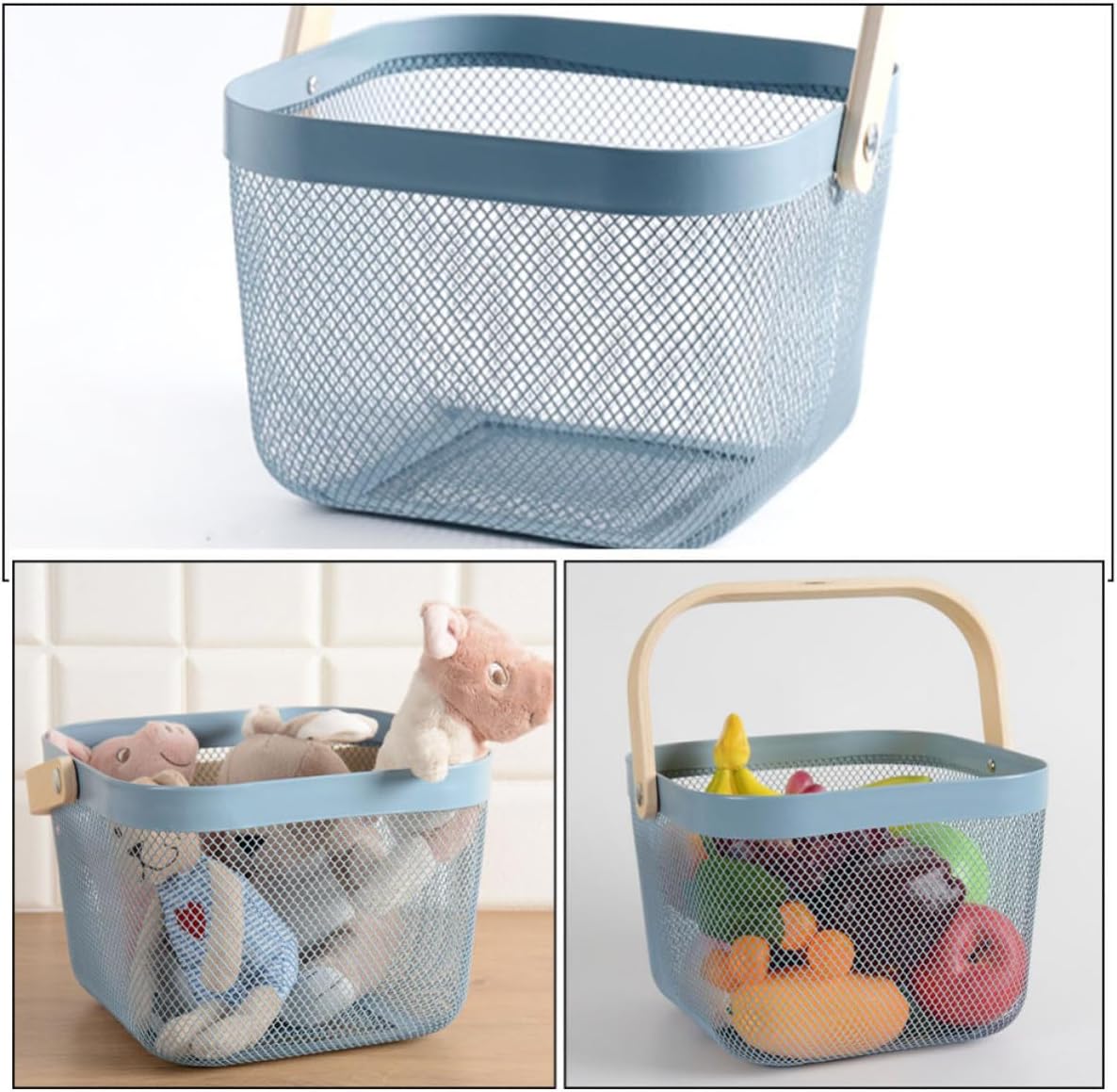 Toyvian Blue Plastic Net Basket with Wood Handles for Home Storage