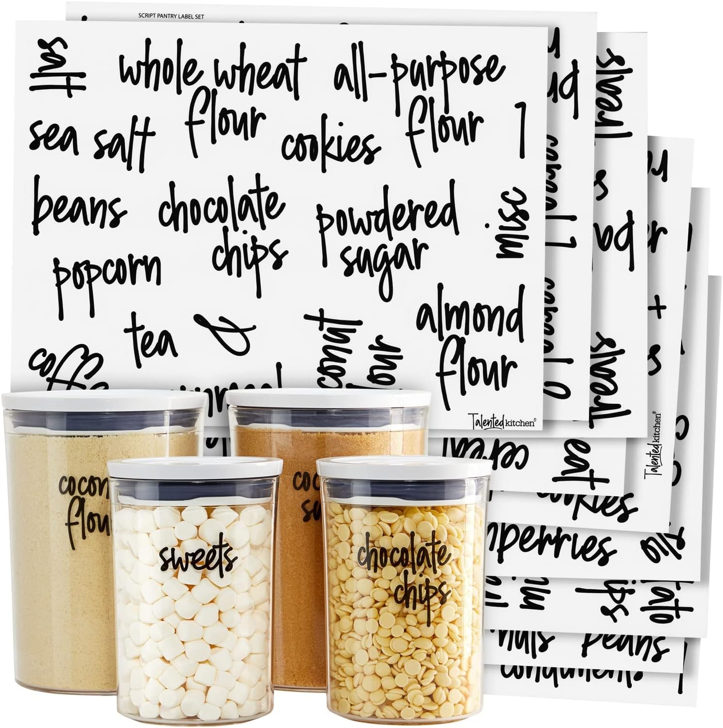 Talented Kitchen Script Pantry Labels ââ‚¬â€œ Preprinted Label Sticker Set . Script Design, Clear, Water Resistant, Food & Spice Jar Labels for Pantry Organization and Storage (Set of 57- Script)