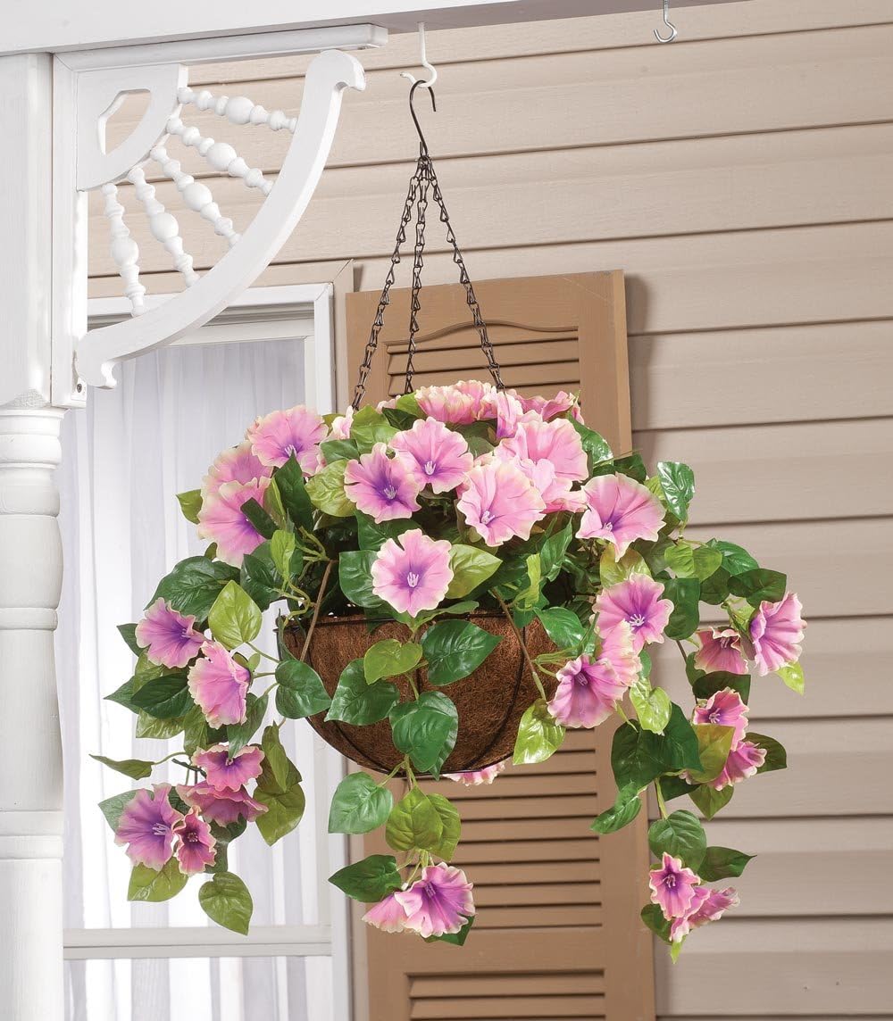 OakRidge Miles Kimball Fully Assembled Artificial Petunia Flower Hanging Basket, 10” Diameter and 18” Chain – Polyester/Plastic Flowers in Metal and Coco Fiber Liner Basket for Indoor/Outdoor Use