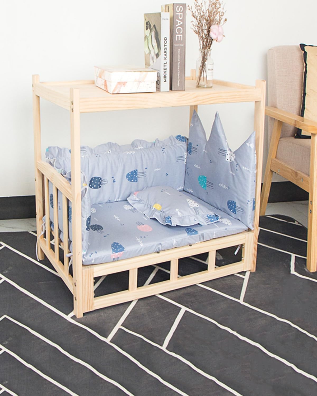 Dog Bed 2 Layer Cute Elevated Dog Bed Solid Wood Frame, All Natural Pet Shelter Four Seasons Universal, Off The Ground Indoor Cat House for Bedroom (Color : 4-with Bedding, Size : S-60 * 38 * 60cm) (