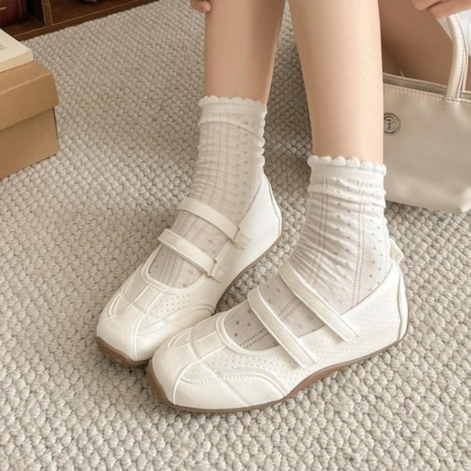 Aogulousdamai Mary Jane Ballet Sneakers for Women Fashion Retro Casual Sneakers Cute Tennis Shoes with Elastic Strap Non Slip Lightweight Comfortable Women's Ballet Flats for Dress Jeans Skirts - Image 2