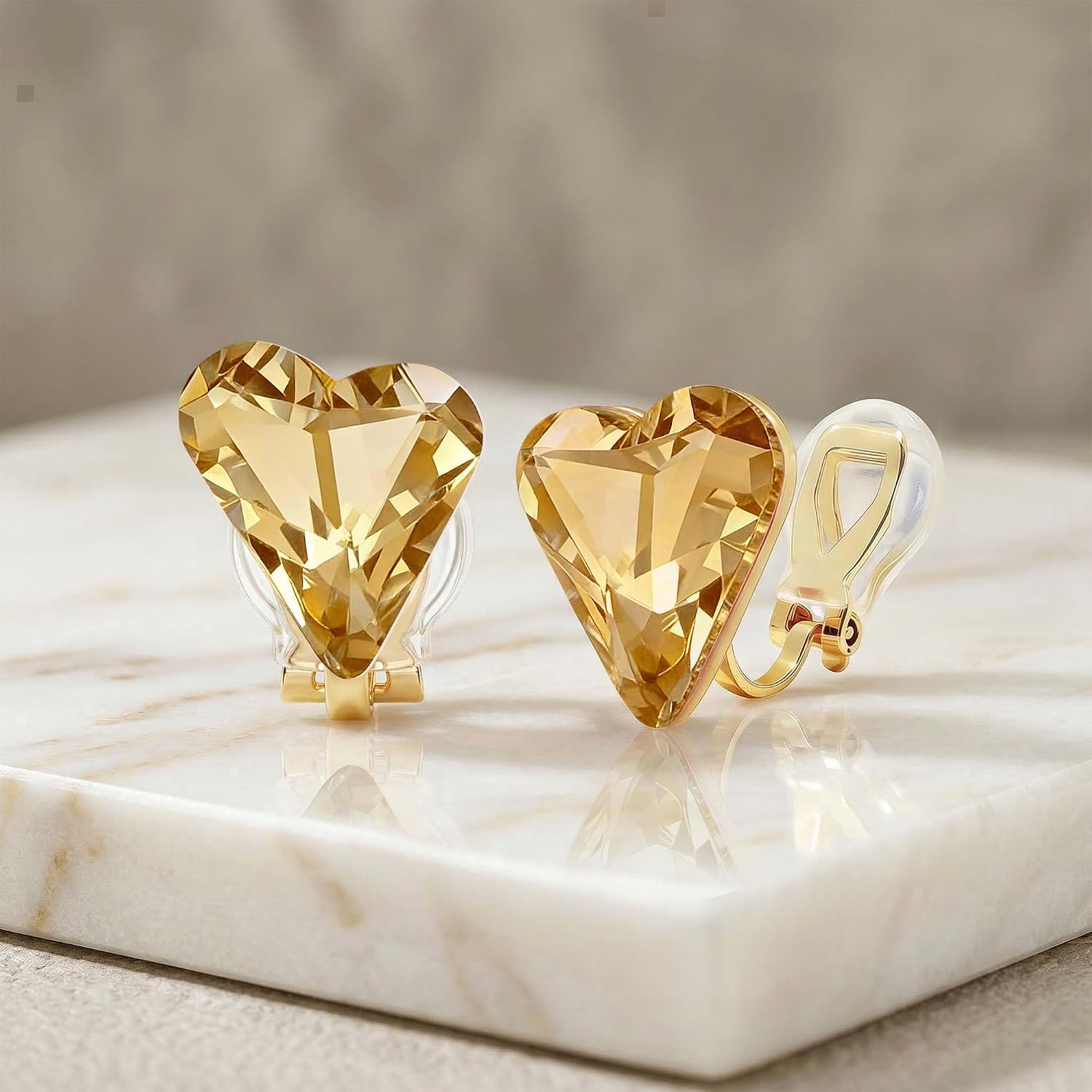 EVEVIC Austrian Crystal Heart Clip on Earrings for Women Trendy 14K Gold Plated Hypoallergenic Non Piercing Comfortable Earrings Jewelry Gift