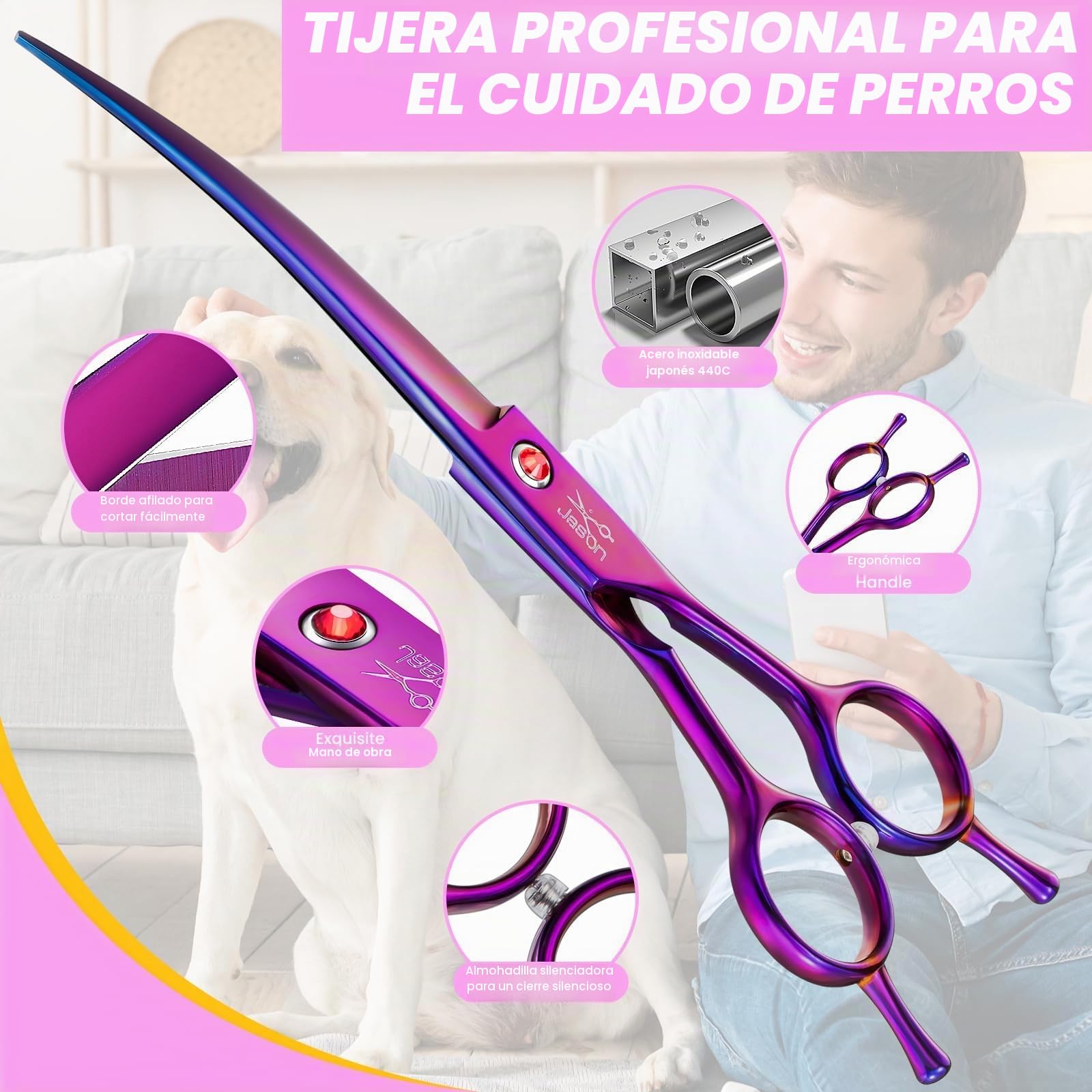 JASON Profesional curvada tijeras para perros - 7.5" tijeras de peluquería canina de acero inoxidable japonés tijeras de peluquería de mascotas tijeras para perros gatos (curvada hacia abajo, púrpura)
