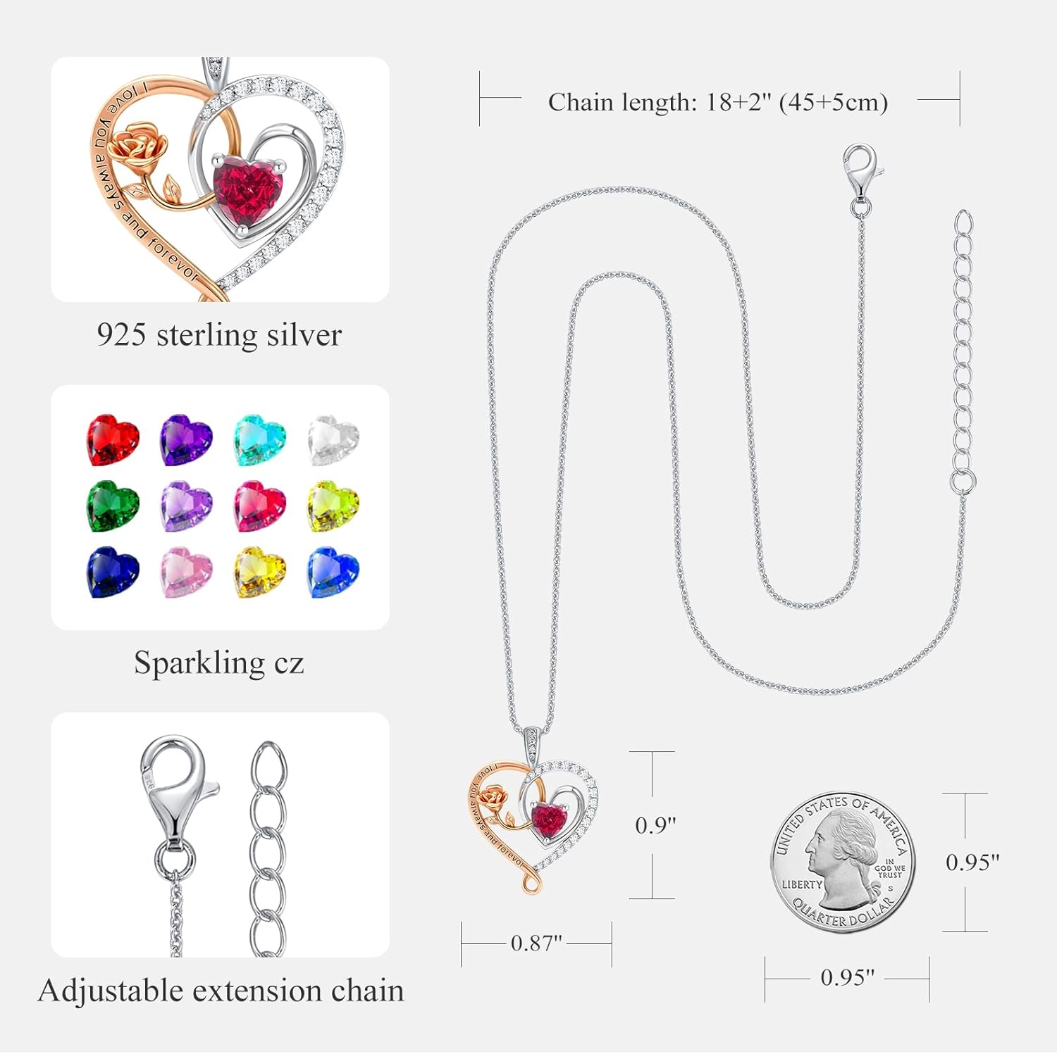 E Infinity Double Heart Birthstone Necklace 925 Sterling Silver Rose Flower Pendant Necklace, Birthday Anniversary Jewelry Gifts for Her Wife Mom Girlfriend Wife - Image 4